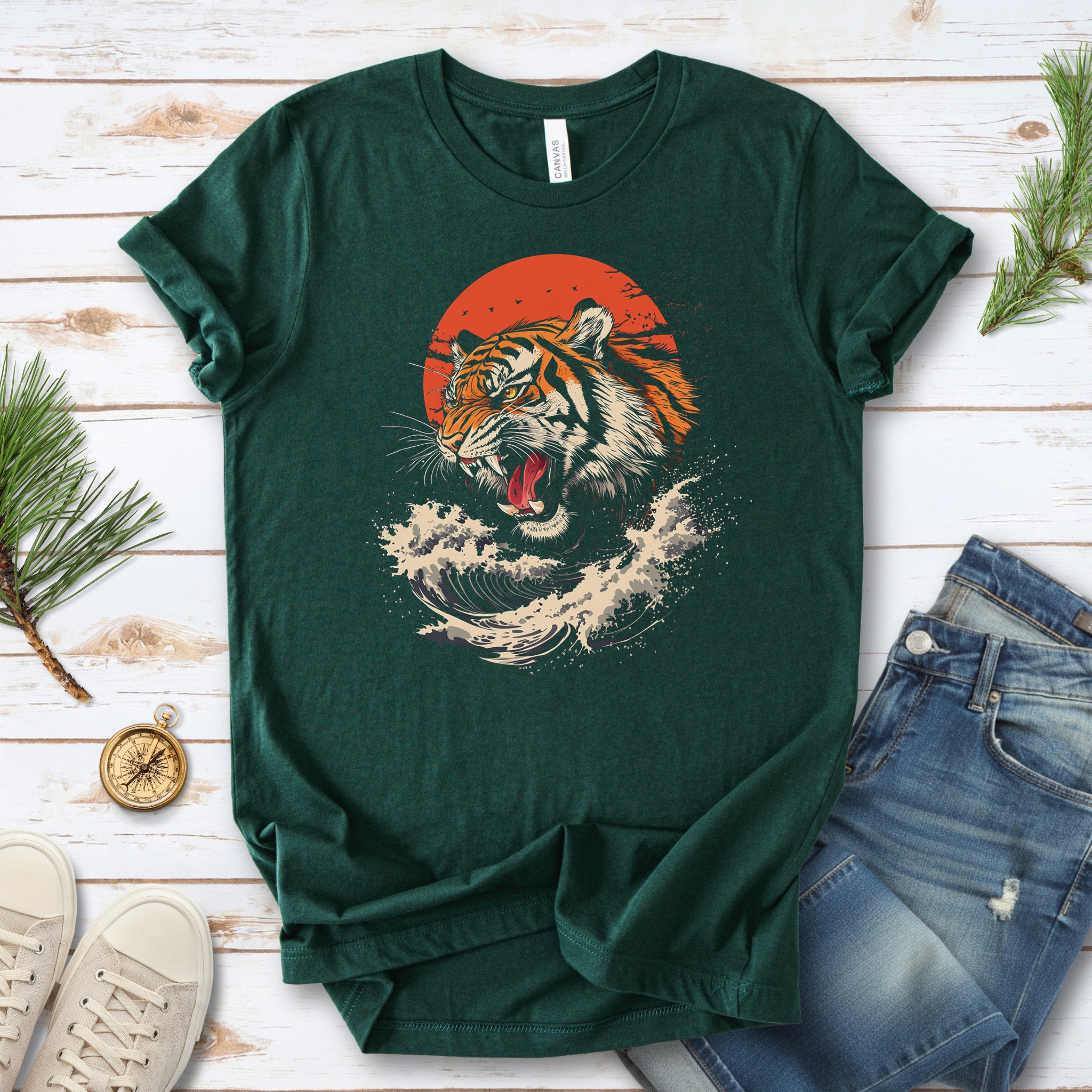 Roaring Tiger Waves T-Shirt – Colorful Japanese Style Animal Shirt