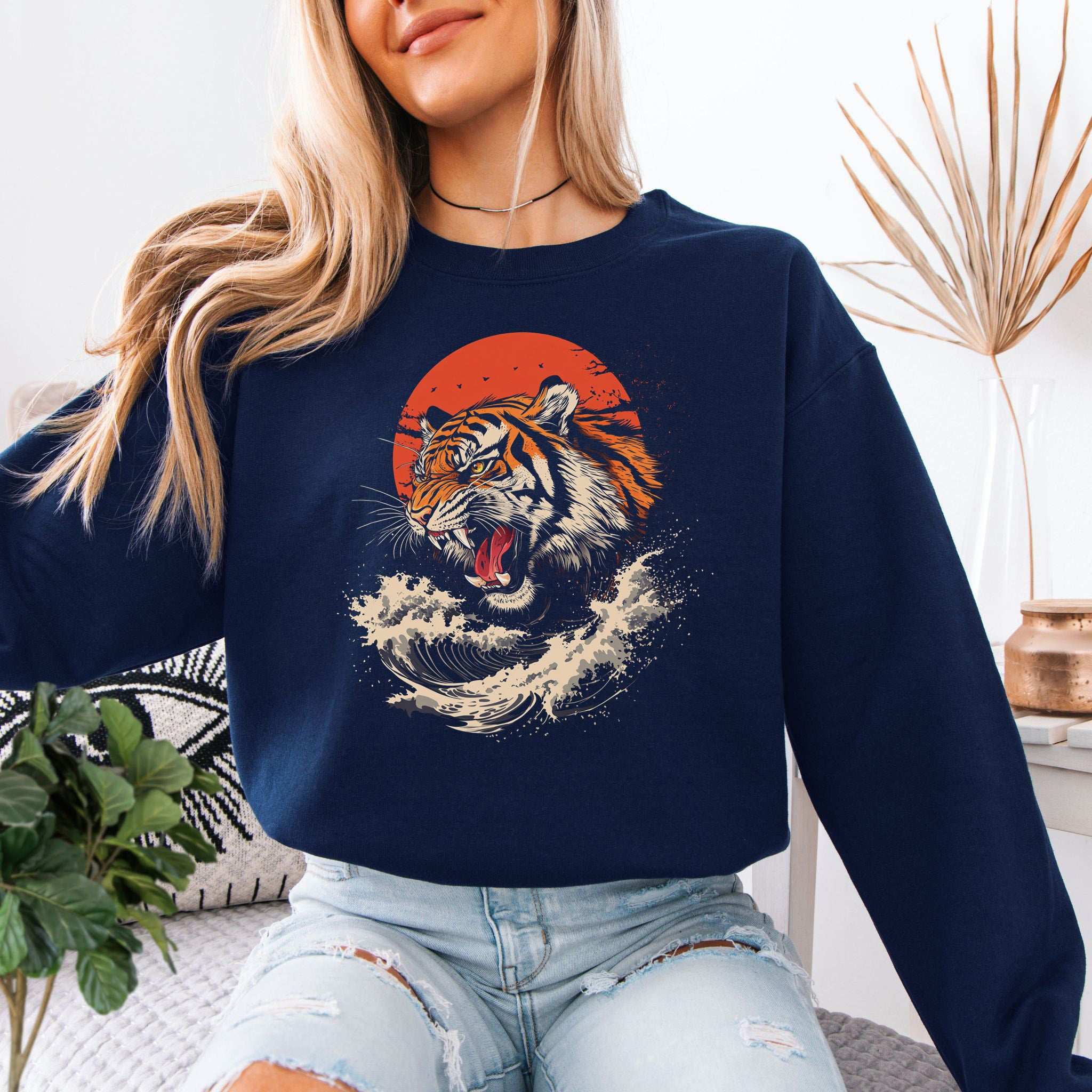Roaring Tiger Waves Sweatshirt – Colorful Japanese Style Animal Art