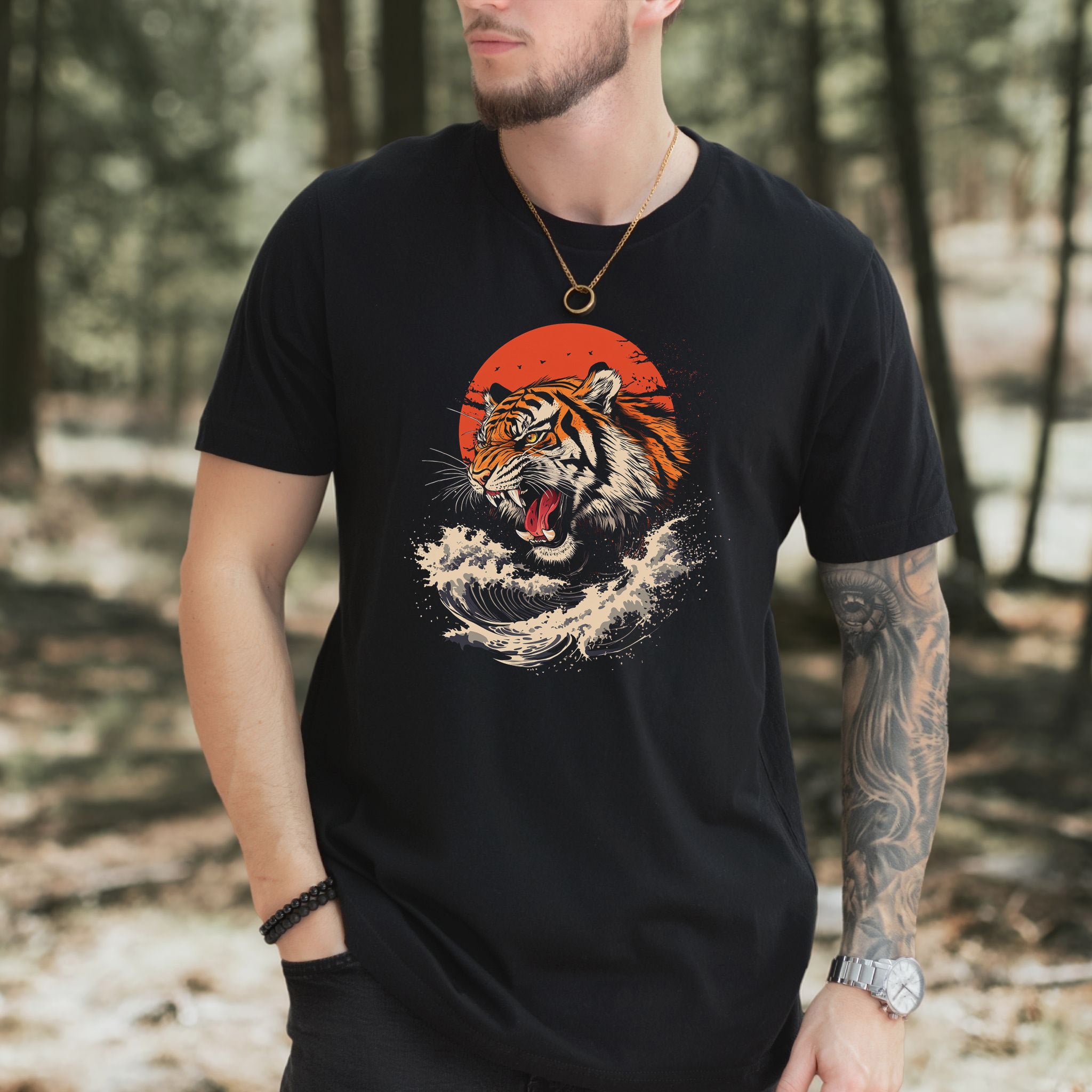 Roaring Tiger Waves T-Shirt – Colorful Japanese Style Animal Shirt