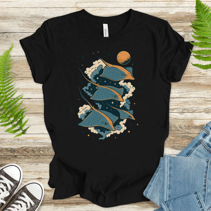Black fantasy t-shirt featuring flying trigons gliding through space with clouds and a moon.