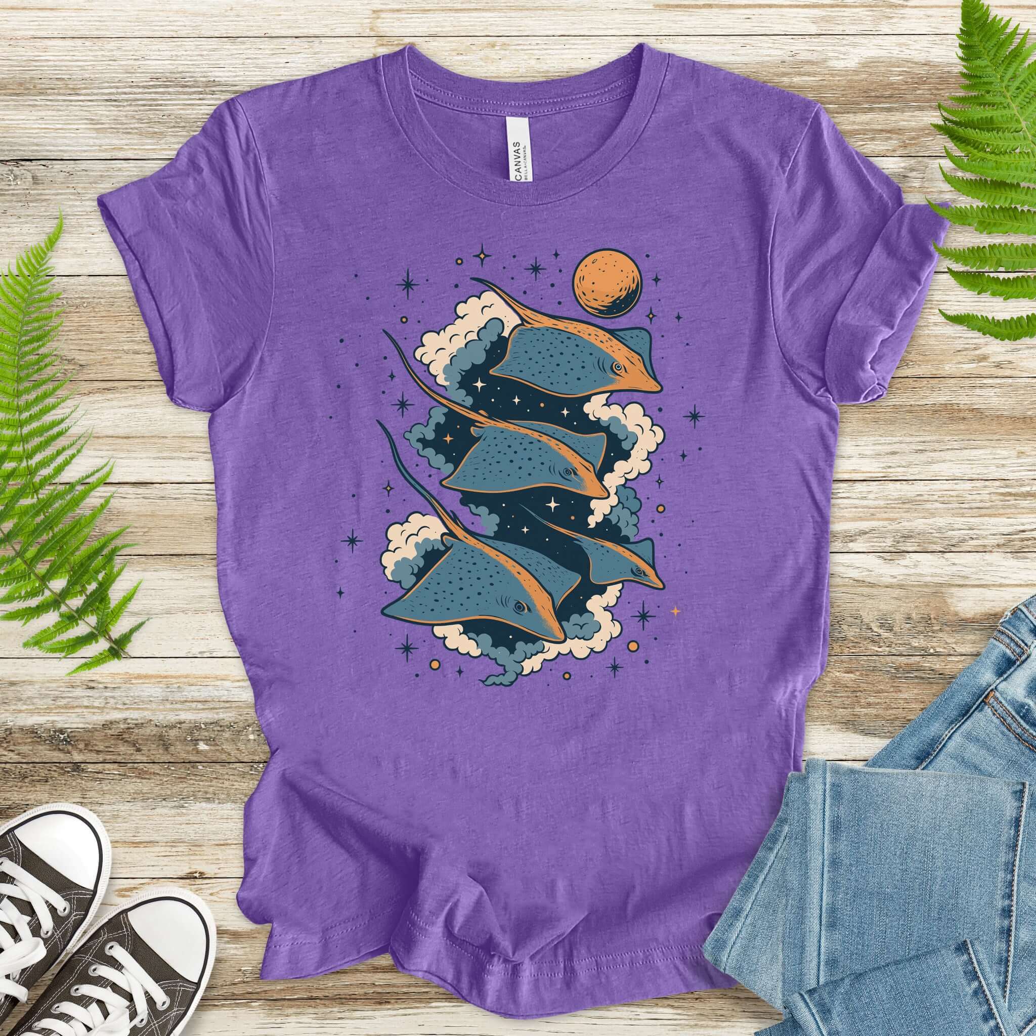 Space Trigons Fantasy T-Shirt featuring flying trigons in a cosmic design, perfect for fantasy lovers.