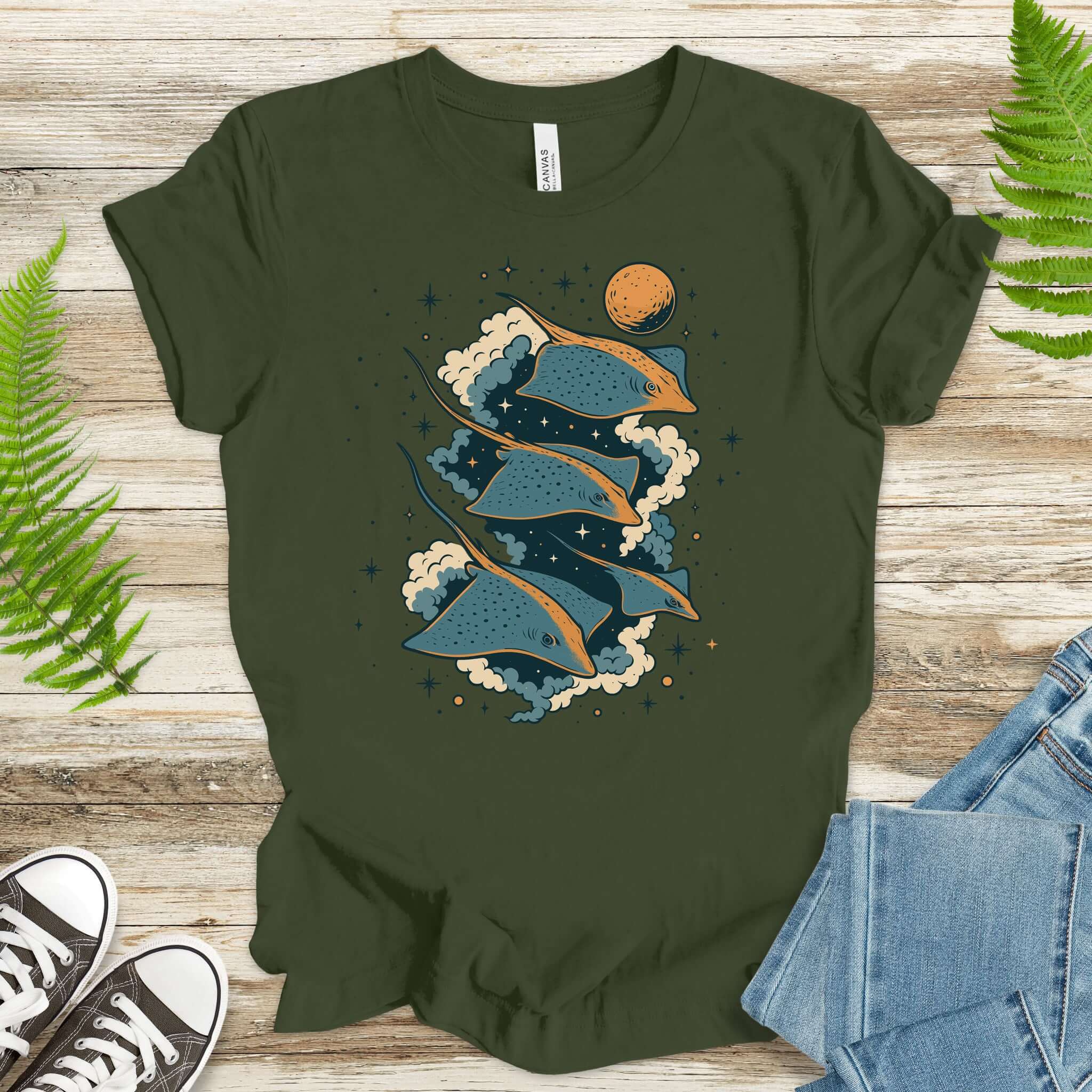 Fantasy t-shirt featuring cosmic trigons swimming through space, perfect for fantasy lovers and dreamers.