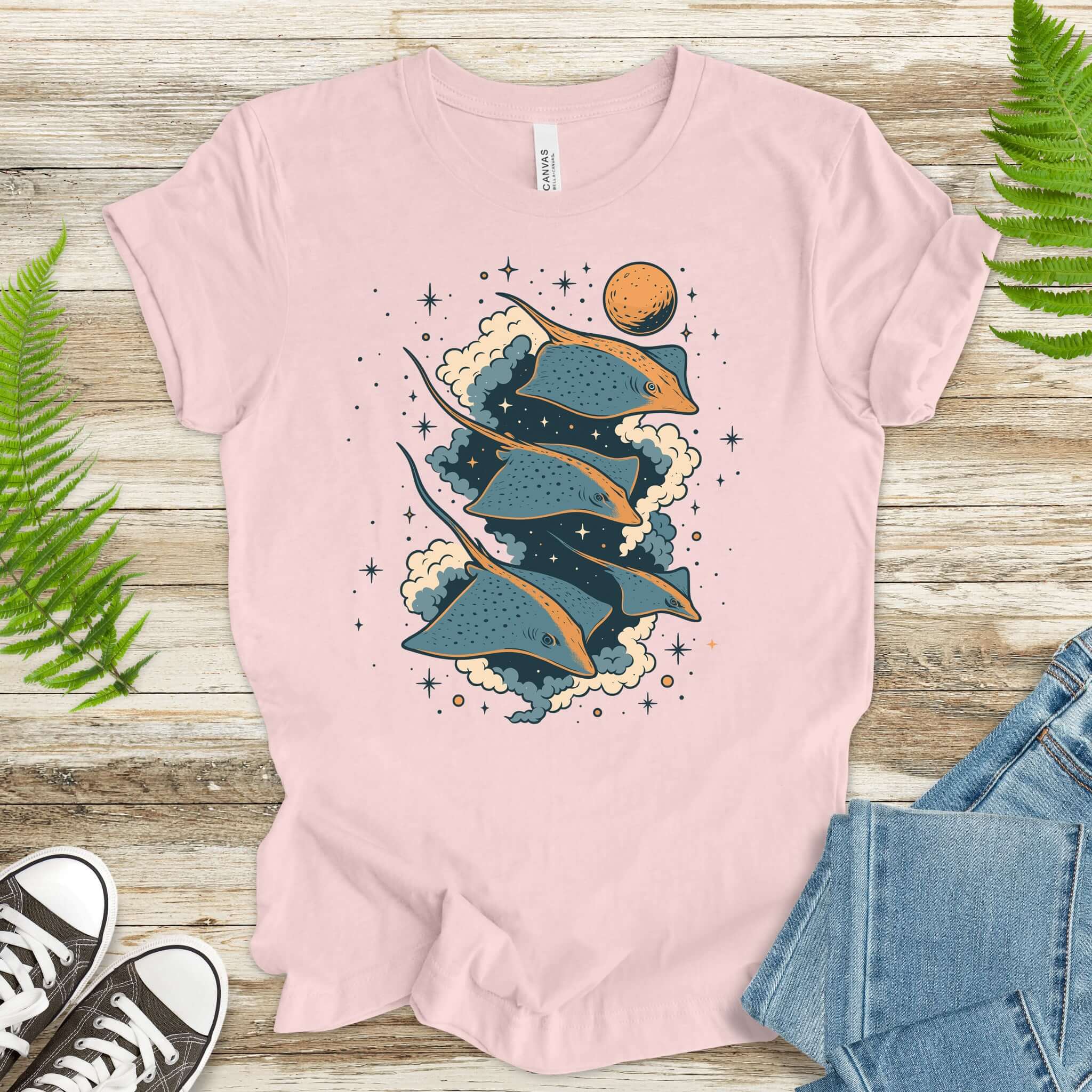 Fantasy trigon shirt featuring flying creatures soaring through a cosmic background, perfect for fantasy lovers.