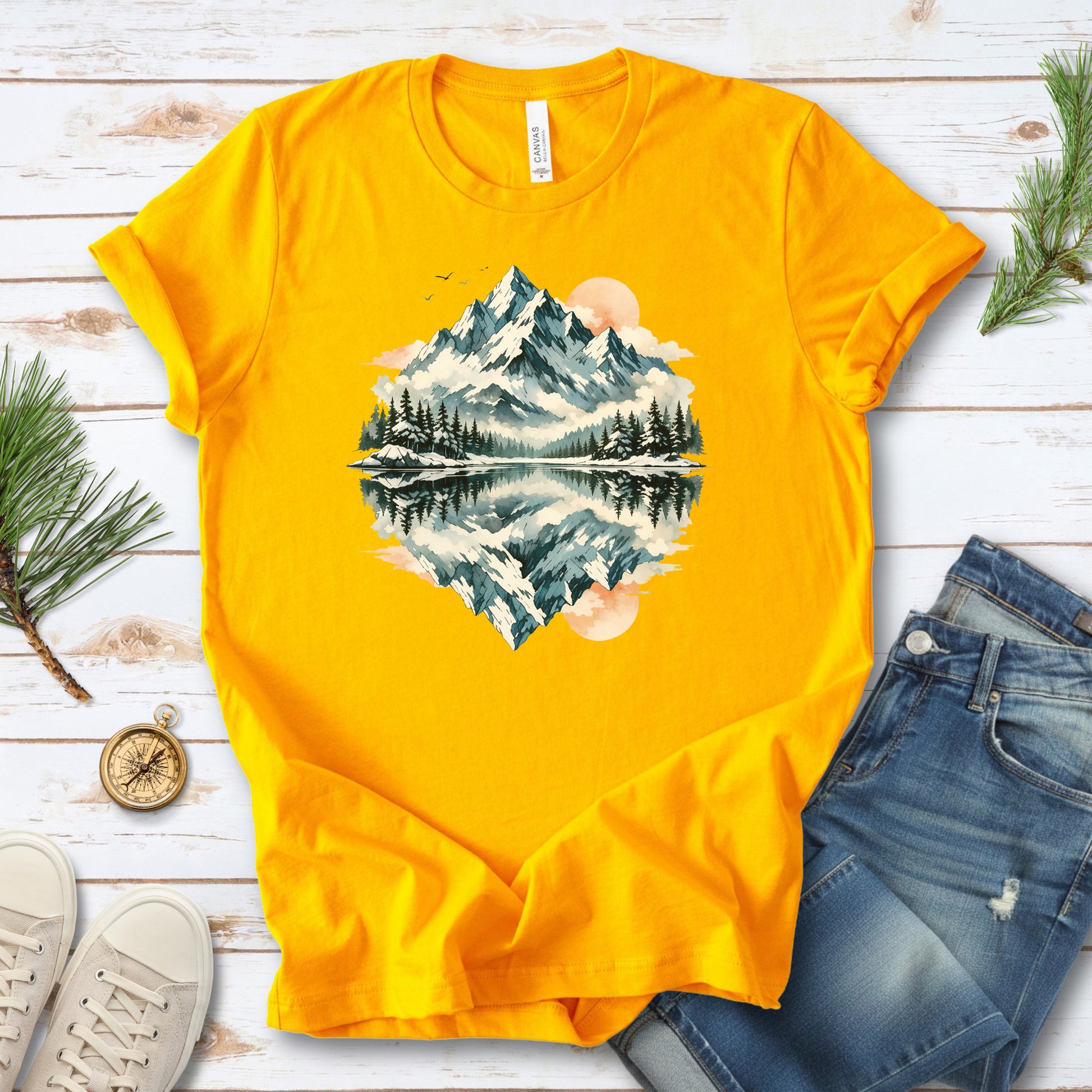 Twin Horizons T-Shirt – Reflected Mountain & Mystic Lake Adventure Tee