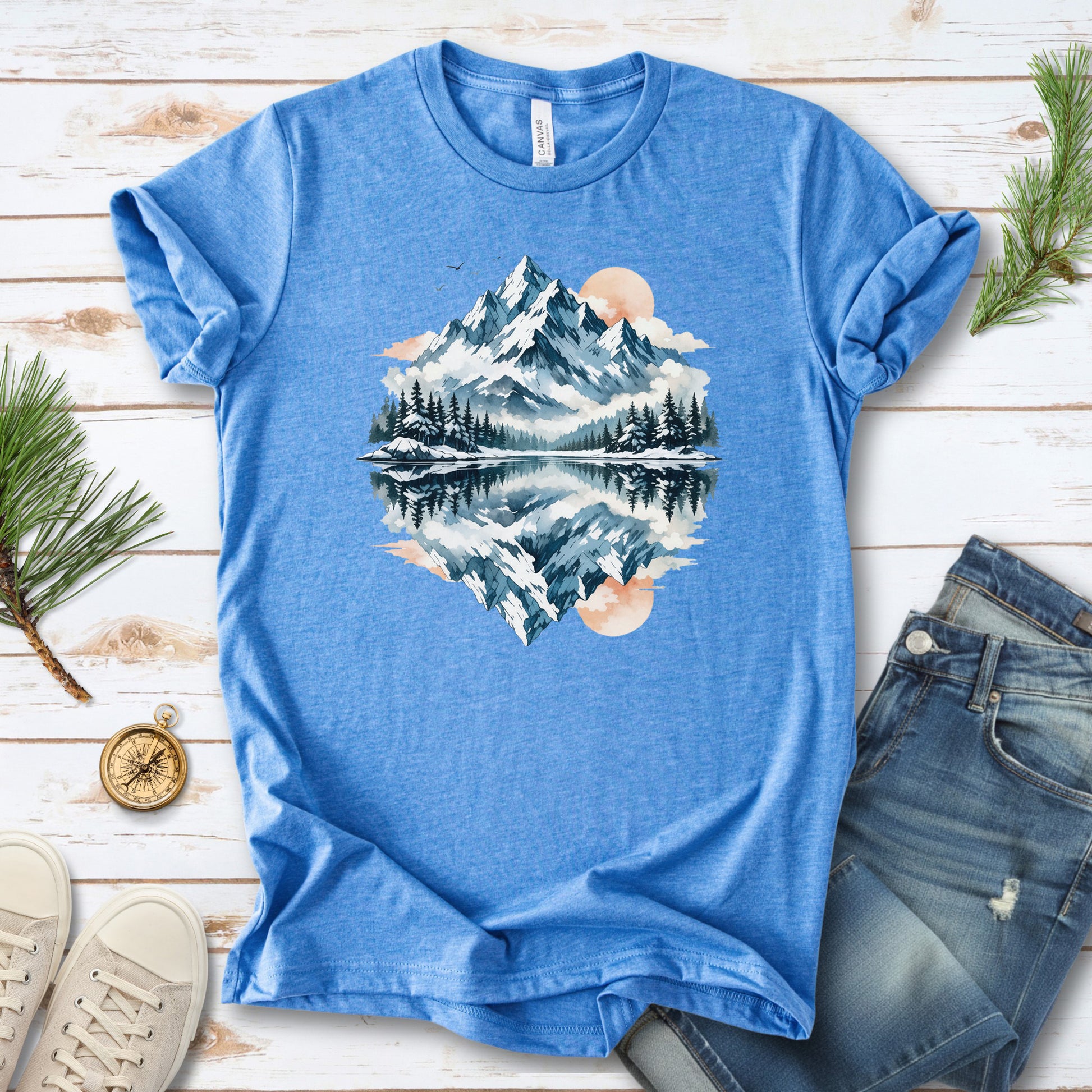 Twin Horizons T-Shirt – Reflected Mountain & Mystic Lake Adventure Tee