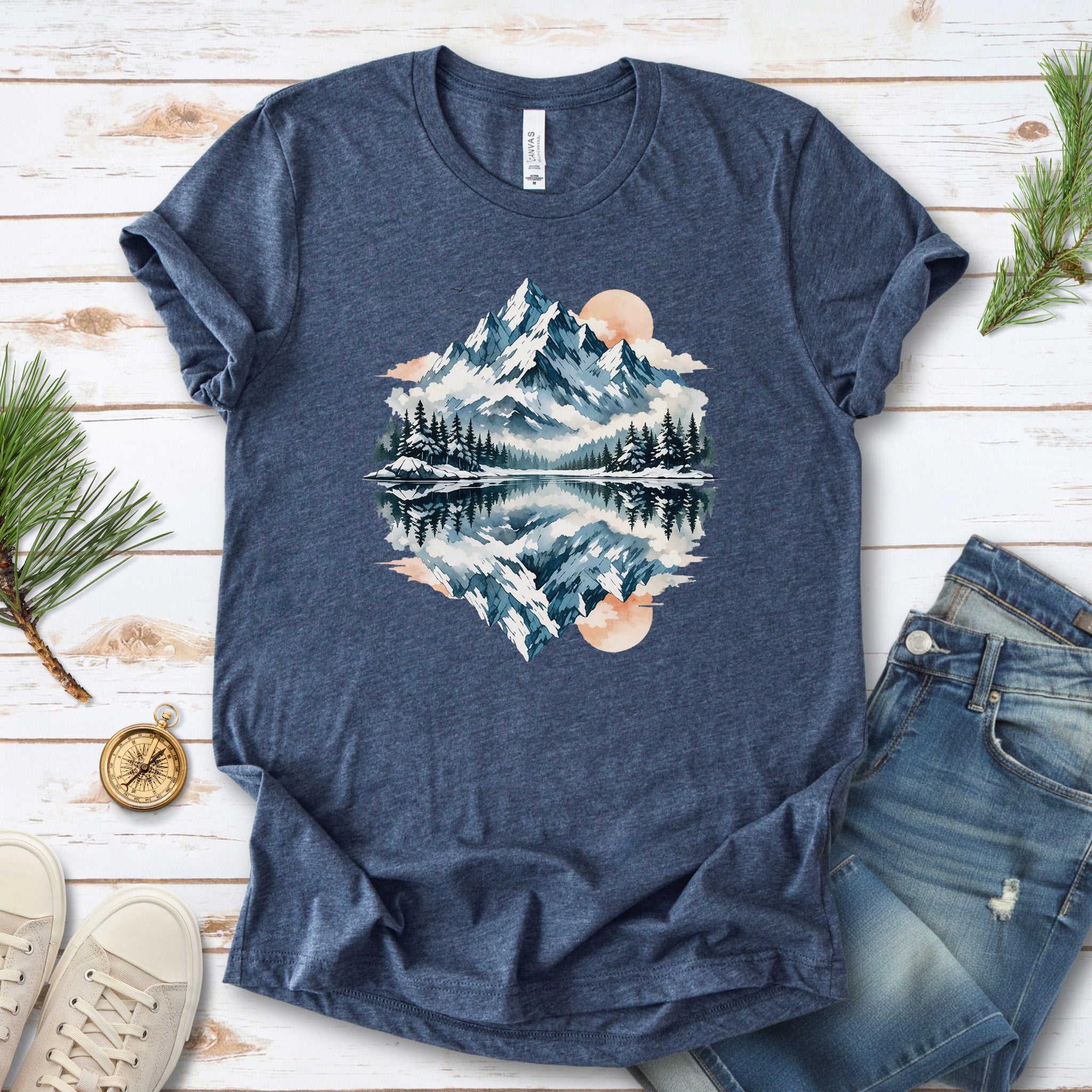 Twin Horizons T-Shirt – Reflected Mountain & Mystic Lake Adventure Tee