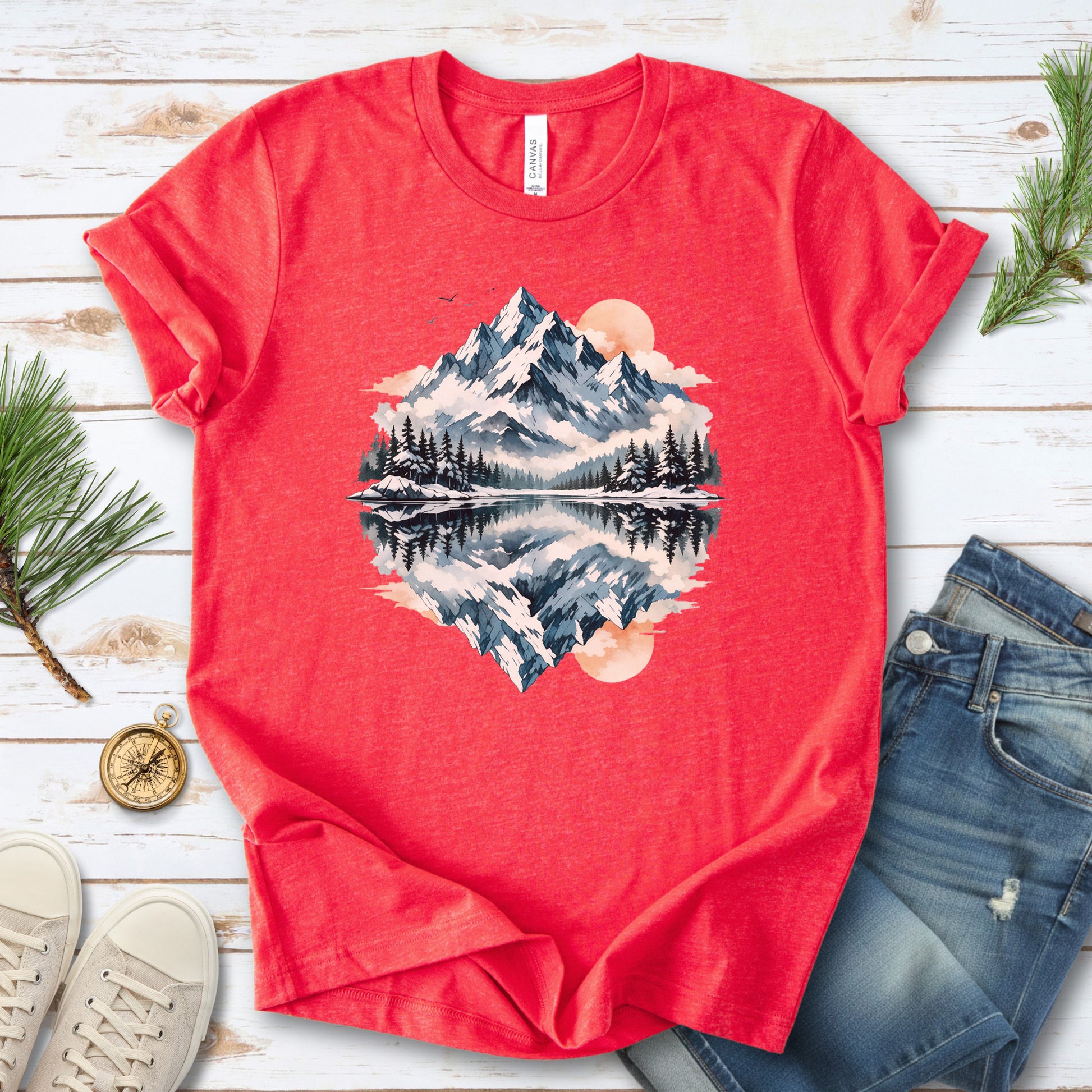 Twin Horizons T-Shirt – Reflected Mountain & Mystic Lake Adventure Tee