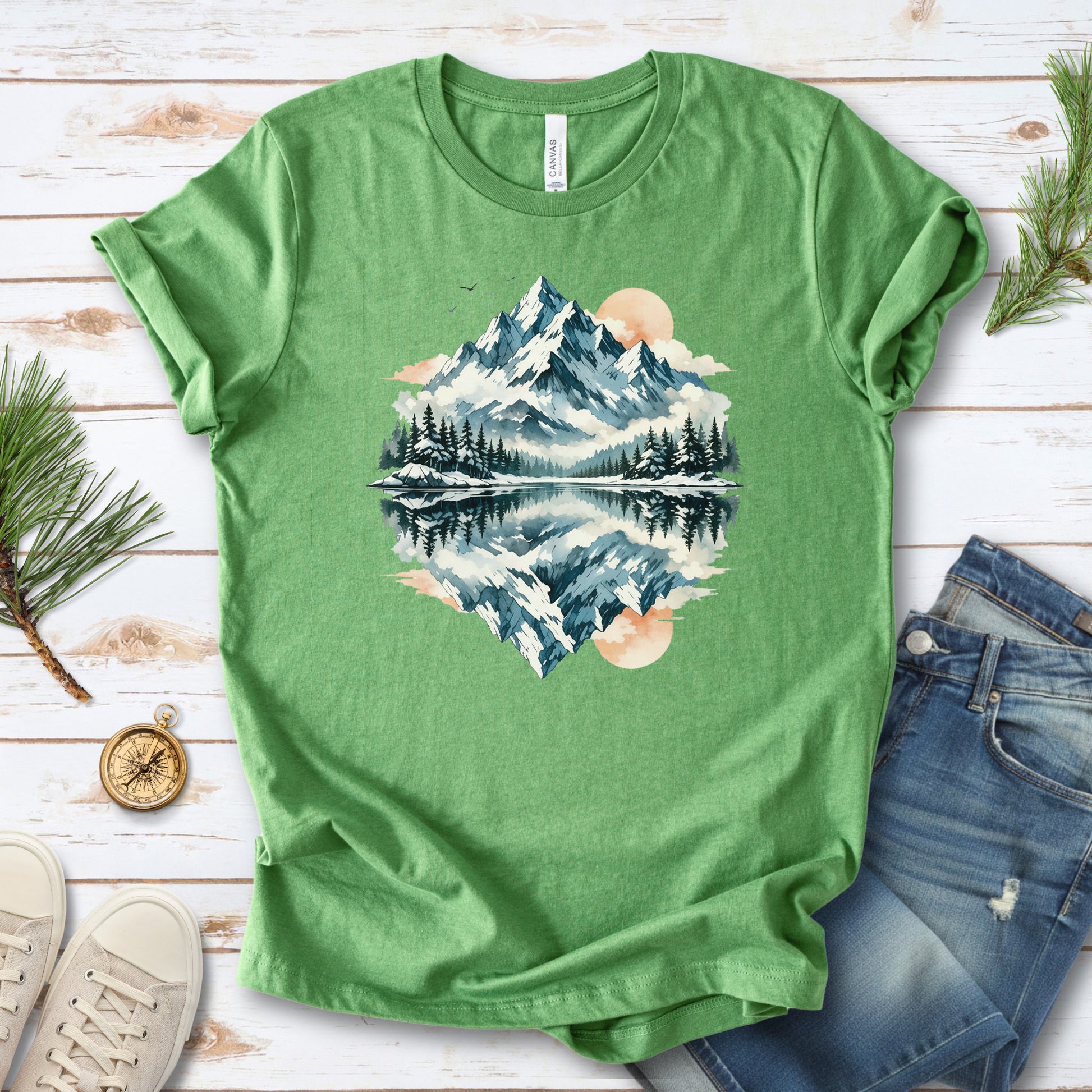 Twin Horizons T-Shirt – Reflected Mountain & Mystic Lake Adventure Tee