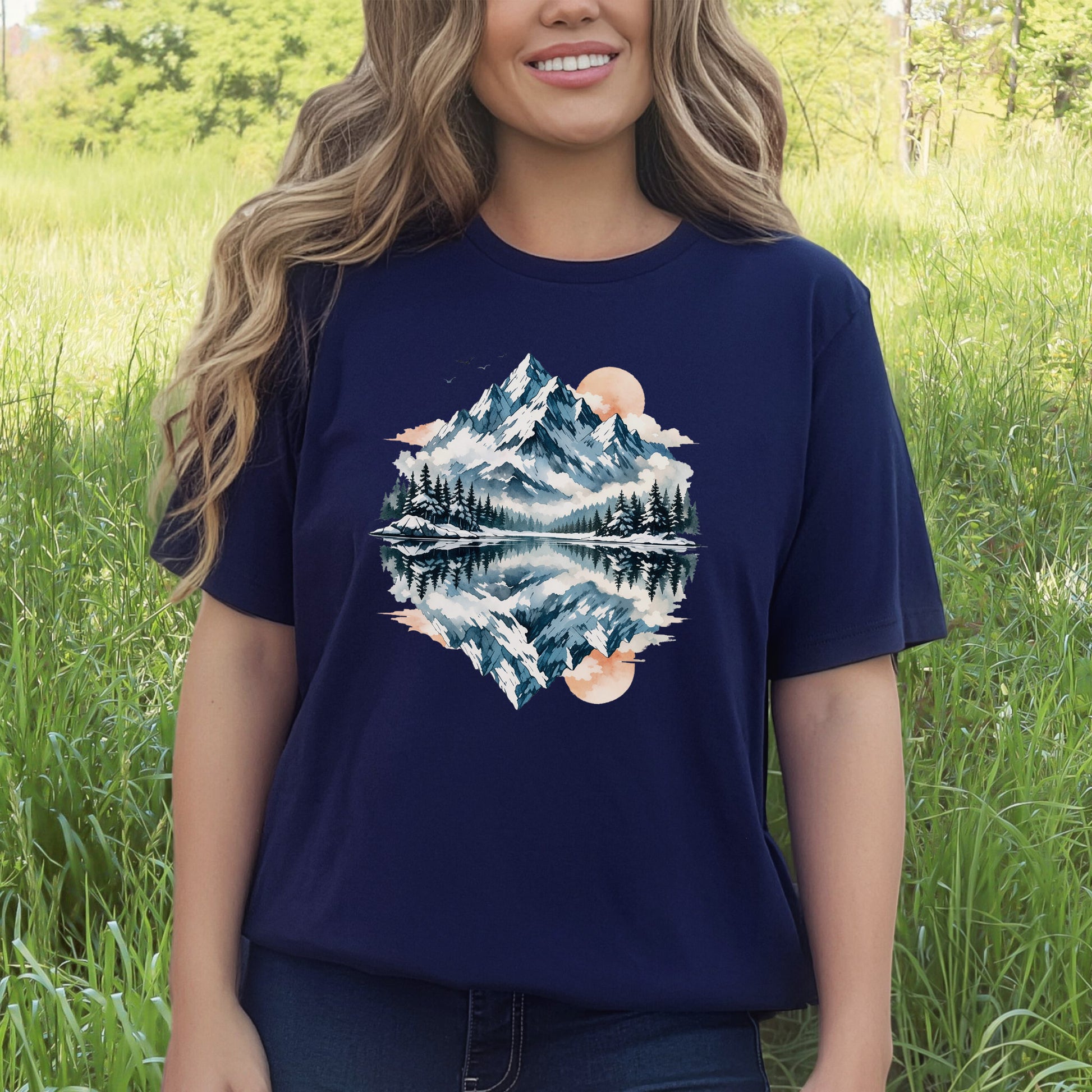 Twin Horizons T-Shirt – Reflected Mountain & Mystic Lake Adventure Tee