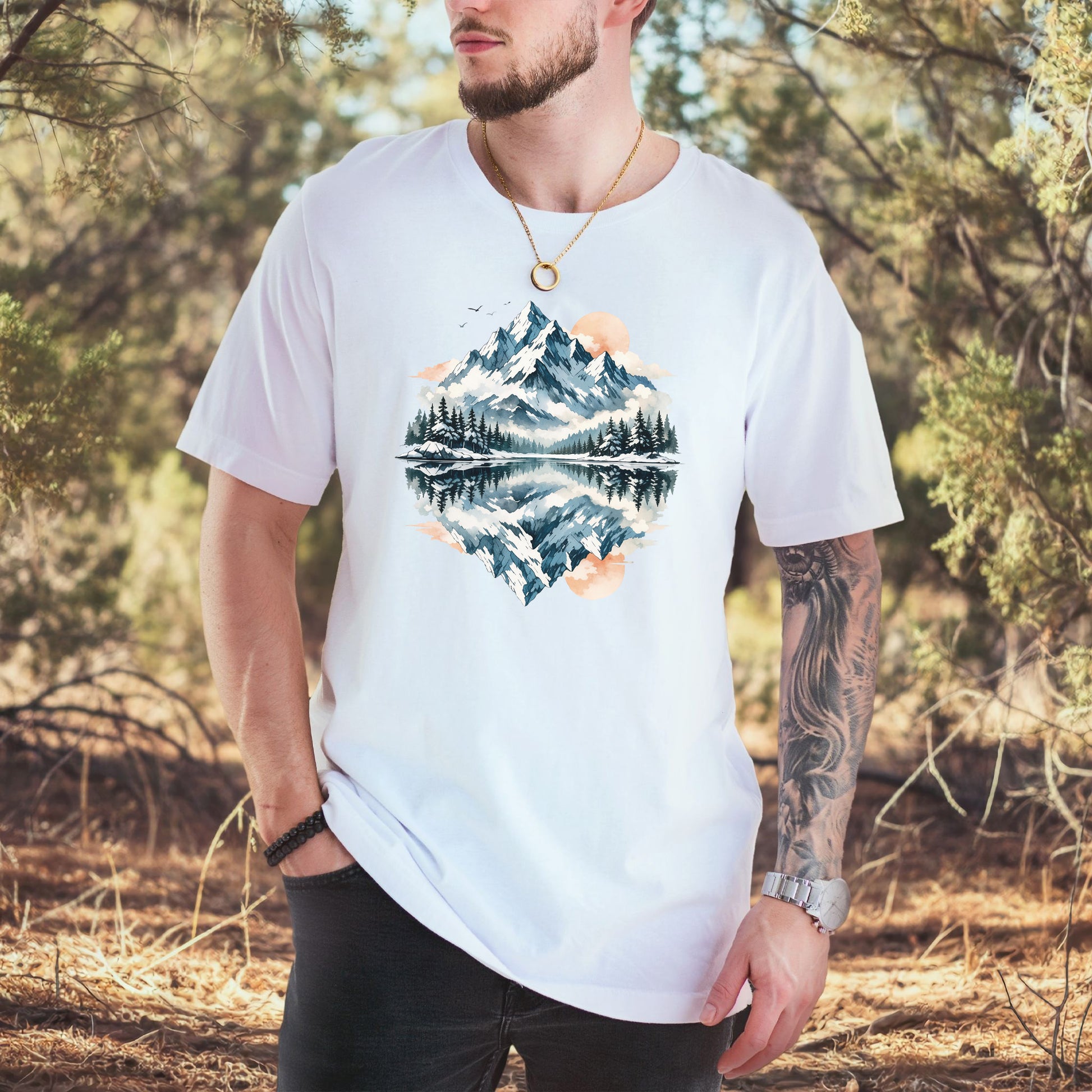 Twin Horizons T-Shirt – Reflected Mountain & Mystic Lake Adventure Tee
