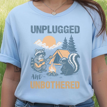 Unplugged and Unbothered Raccoon Camping T-Shirt