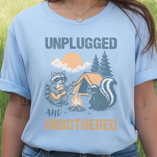 Unplugged and Unbothered Raccoon Camping T-Shirt