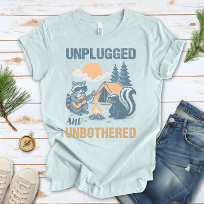 Unplugged and Unbothered Raccoon Camping T-Shirt