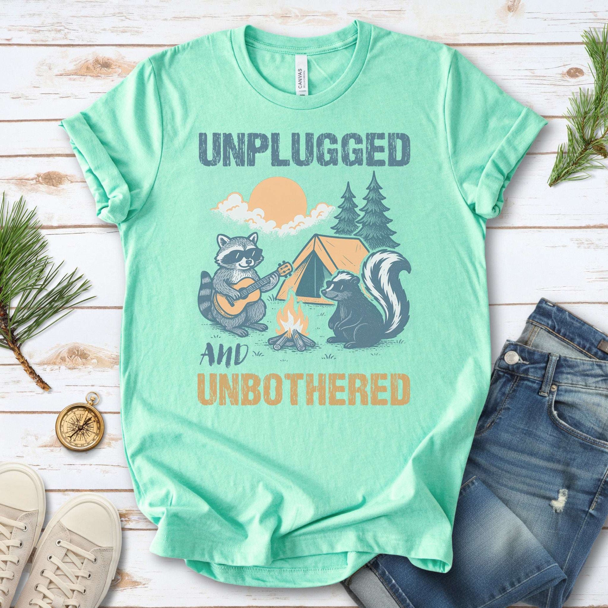Unplugged and Unbothered Raccoon Camping T-Shirt