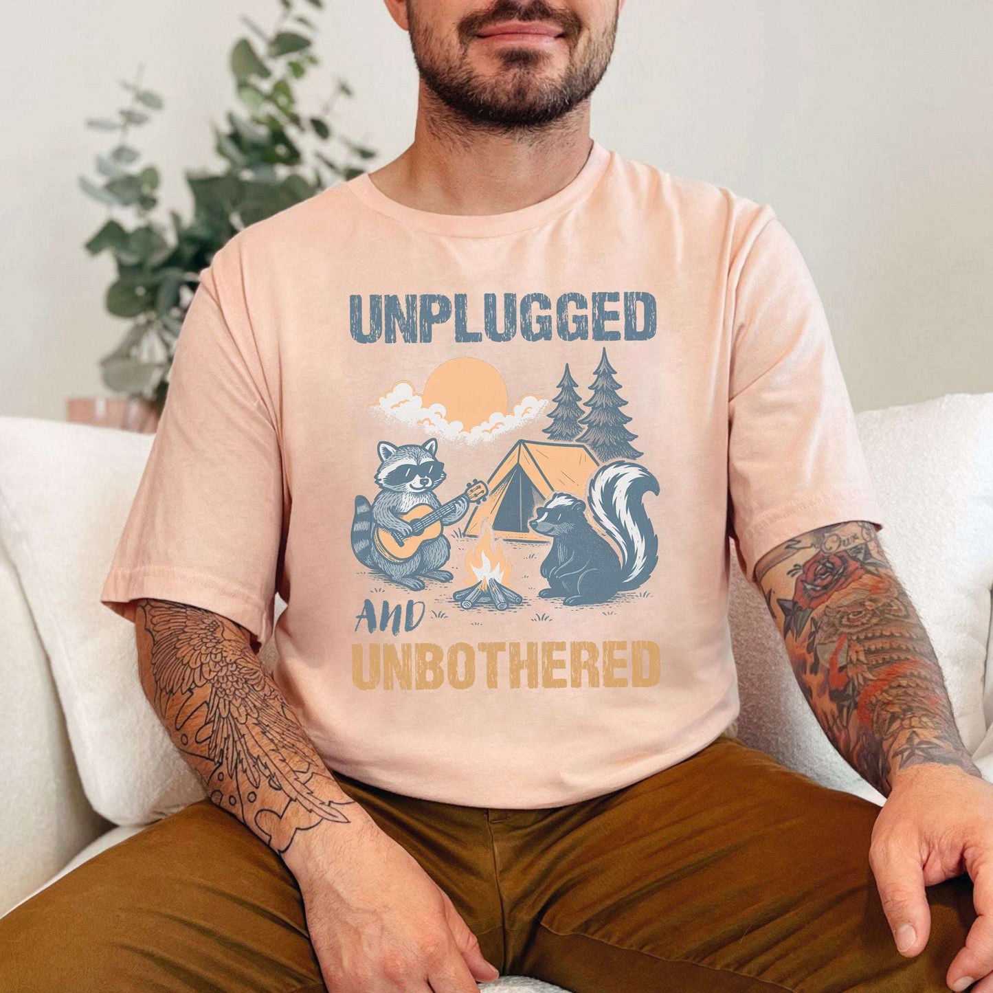 Unplugged and Unbothered Raccoon Camping T-Shirt