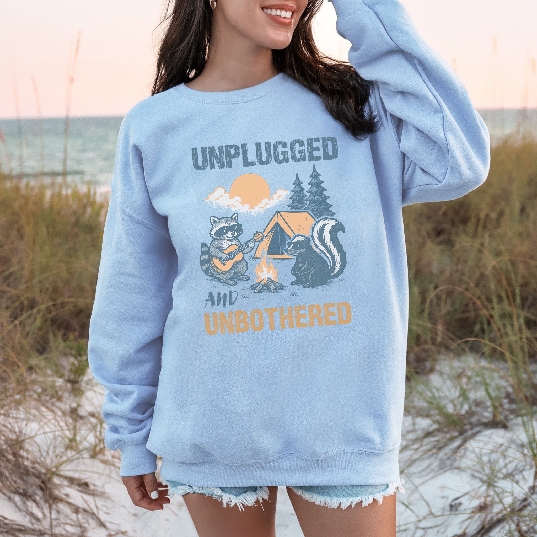 Unplugged and Unbothered Raccoon Camping Sweatshirt