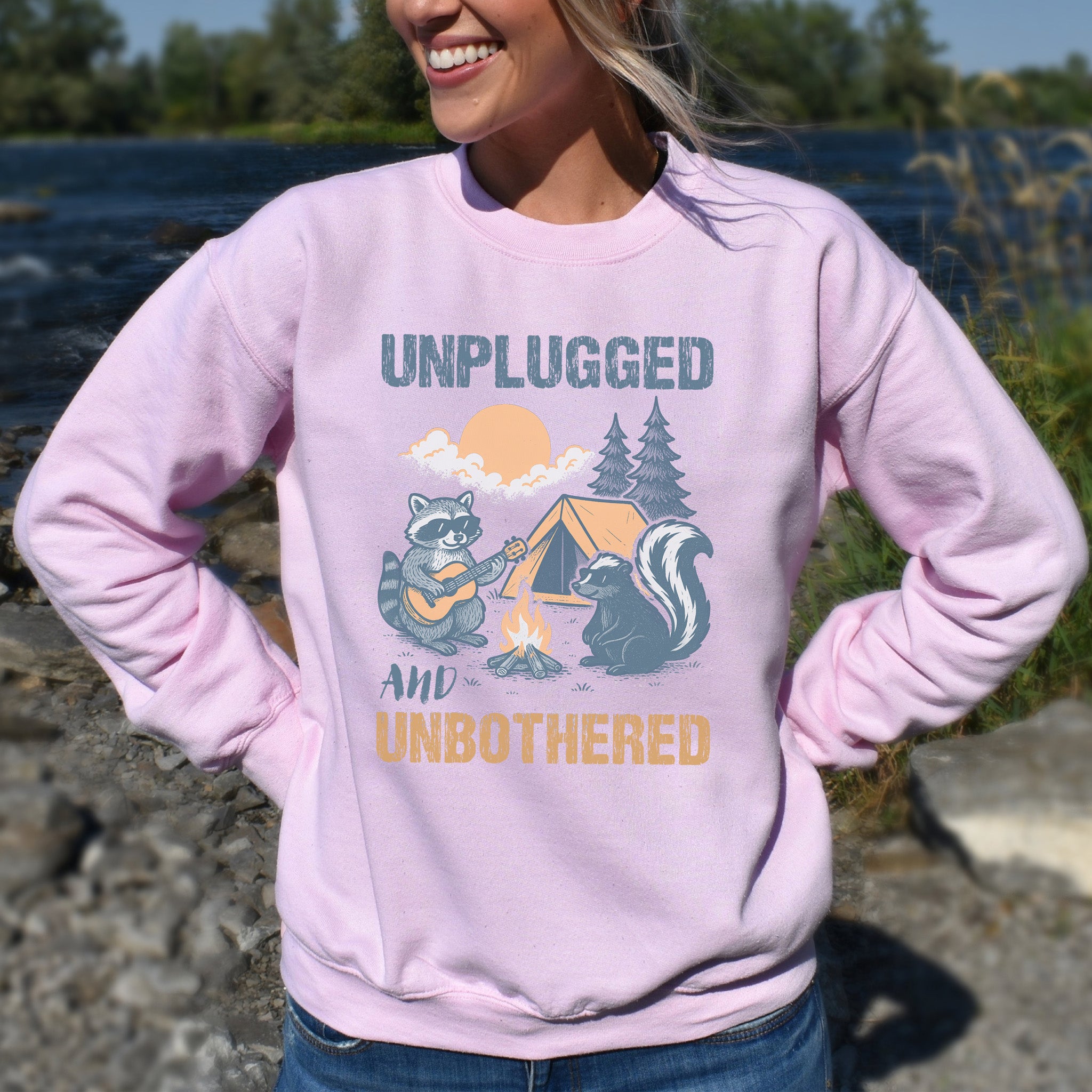 Unplugged and Unbothered Raccoon Camping Sweatshirt