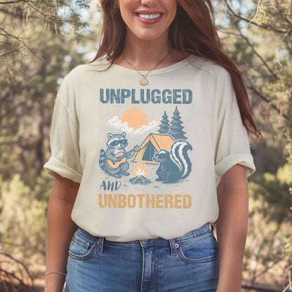 Unplugged and Unbothered Raccoon Camping T-Shirt