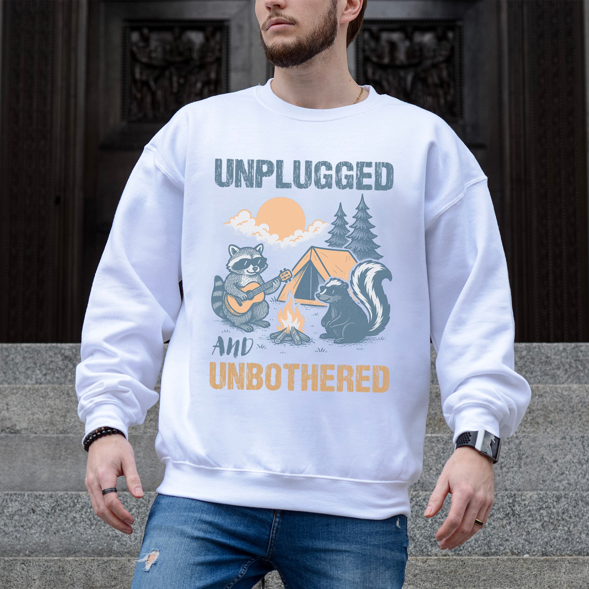 Unplugged and Unbothered Raccoon Camping Sweatshirt