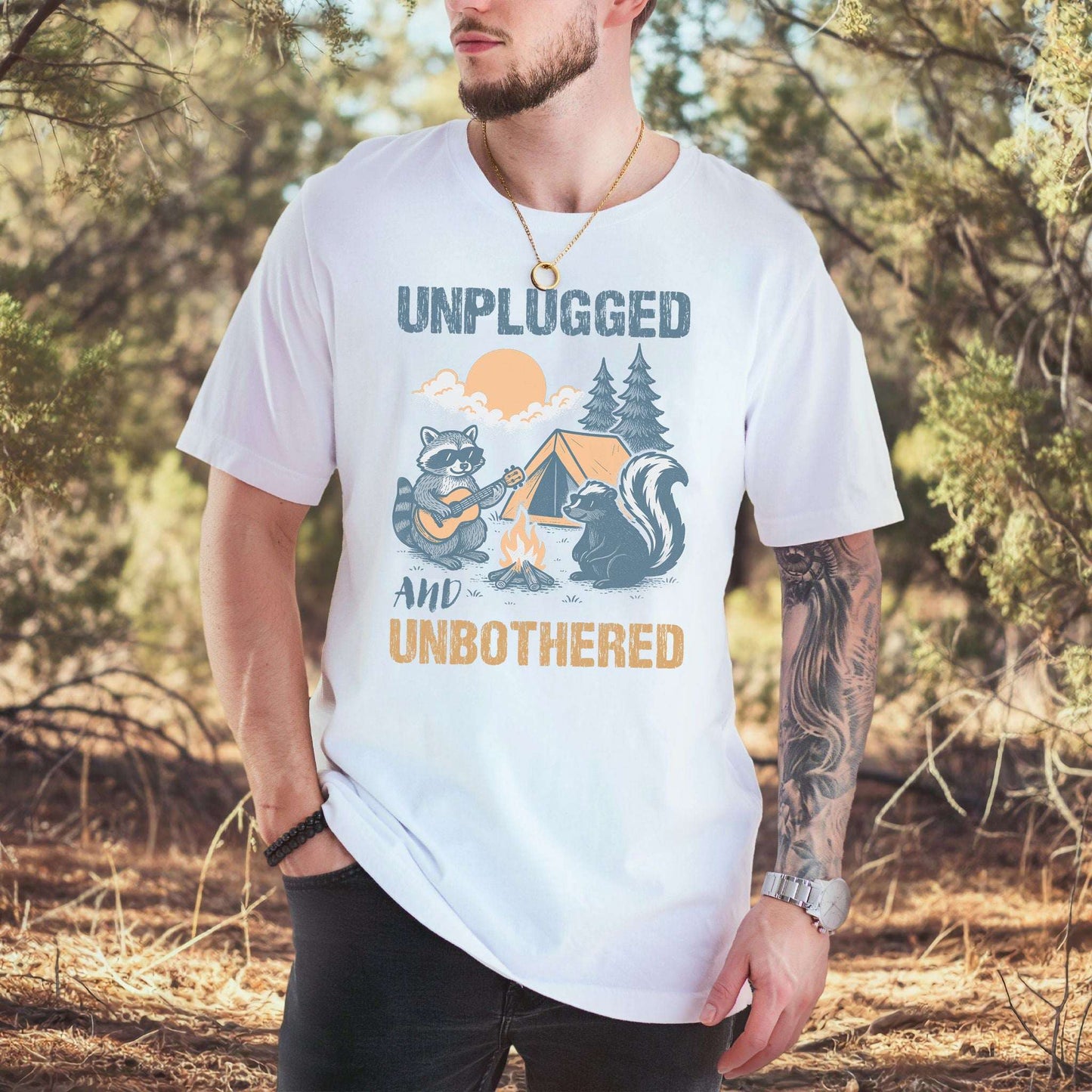 Unplugged and Unbothered Raccoon Camping T-Shirt