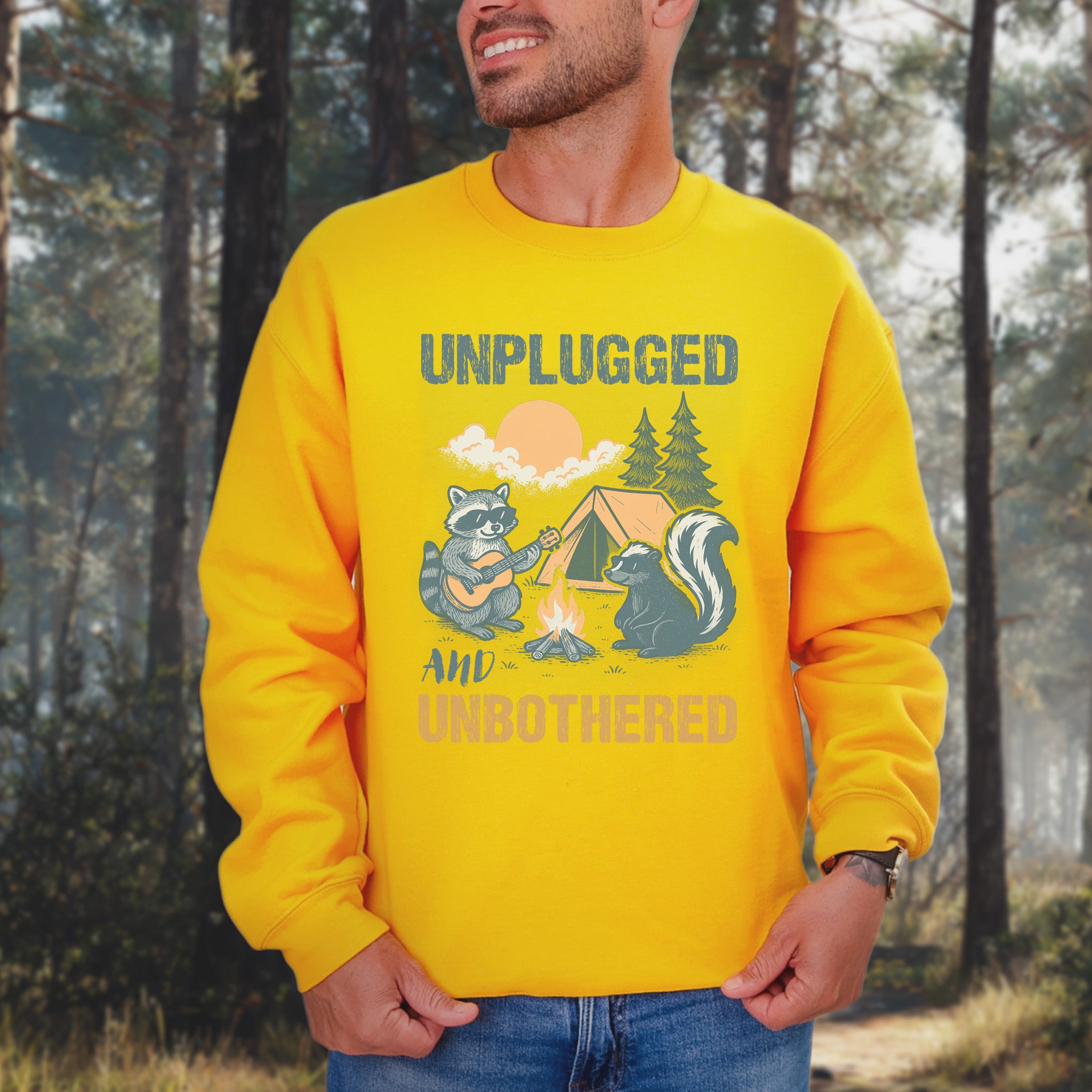 Unplugged and Unbothered Raccoon Camping Sweatshirt