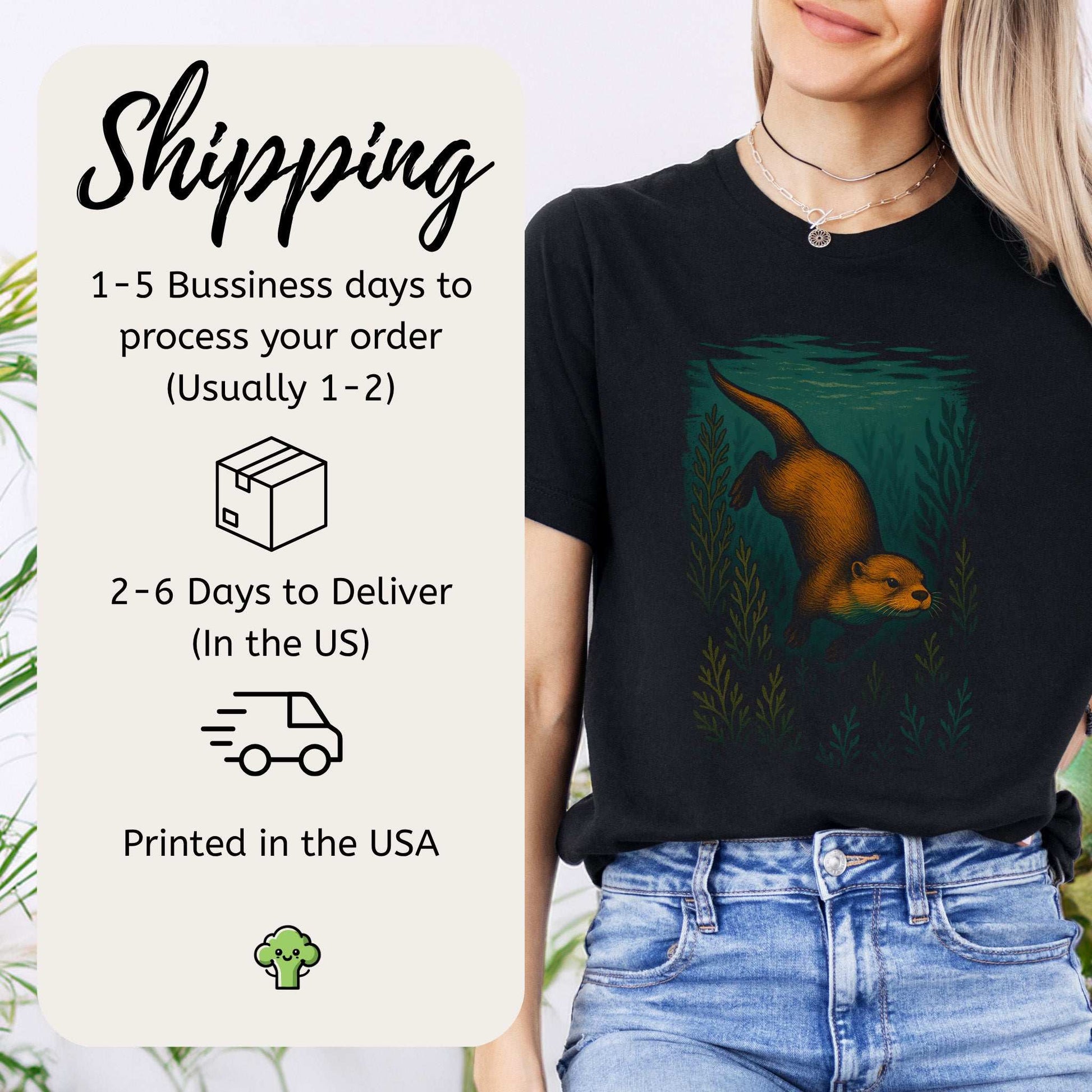 Otter Spirit Animal T-Shirt – Playful River Magic Vibes with shipping details and otter graphic.