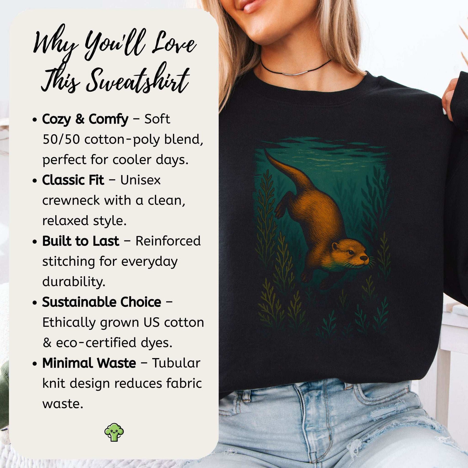 Otter Spirit Animal Sweatshirt – Playful River Magic Vibes with cozy design featuring an otter in water.