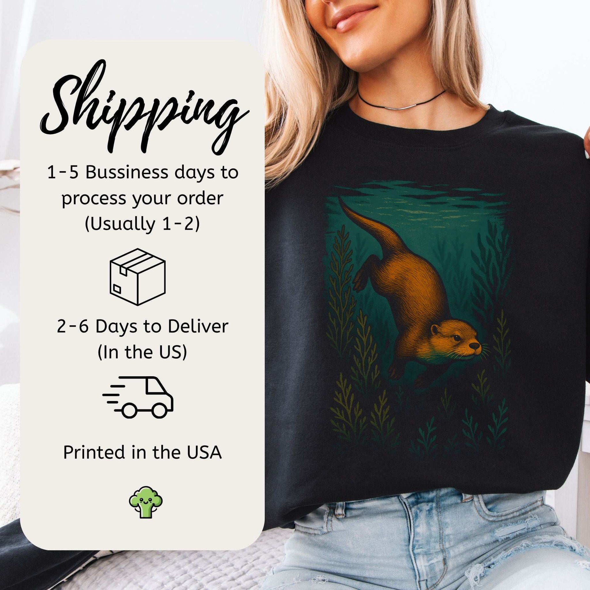 Otter Spirit Animal Sweatshirt – Playful River Magic Vibes displayed on model with shipping information.