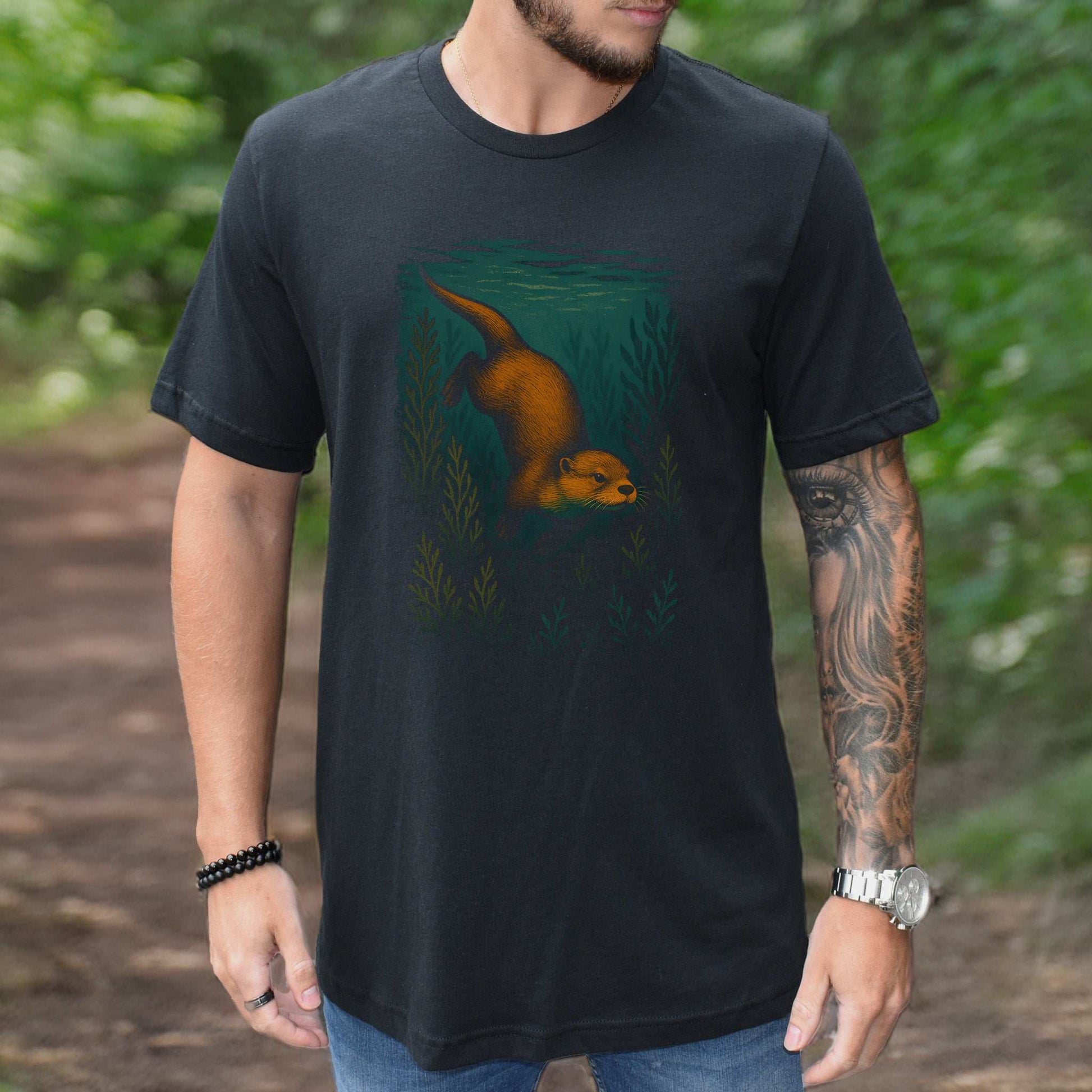 Otter Spirit Animal T-Shirt – Playful River Magic Vibes featuring a swimming otter design on a black tee.