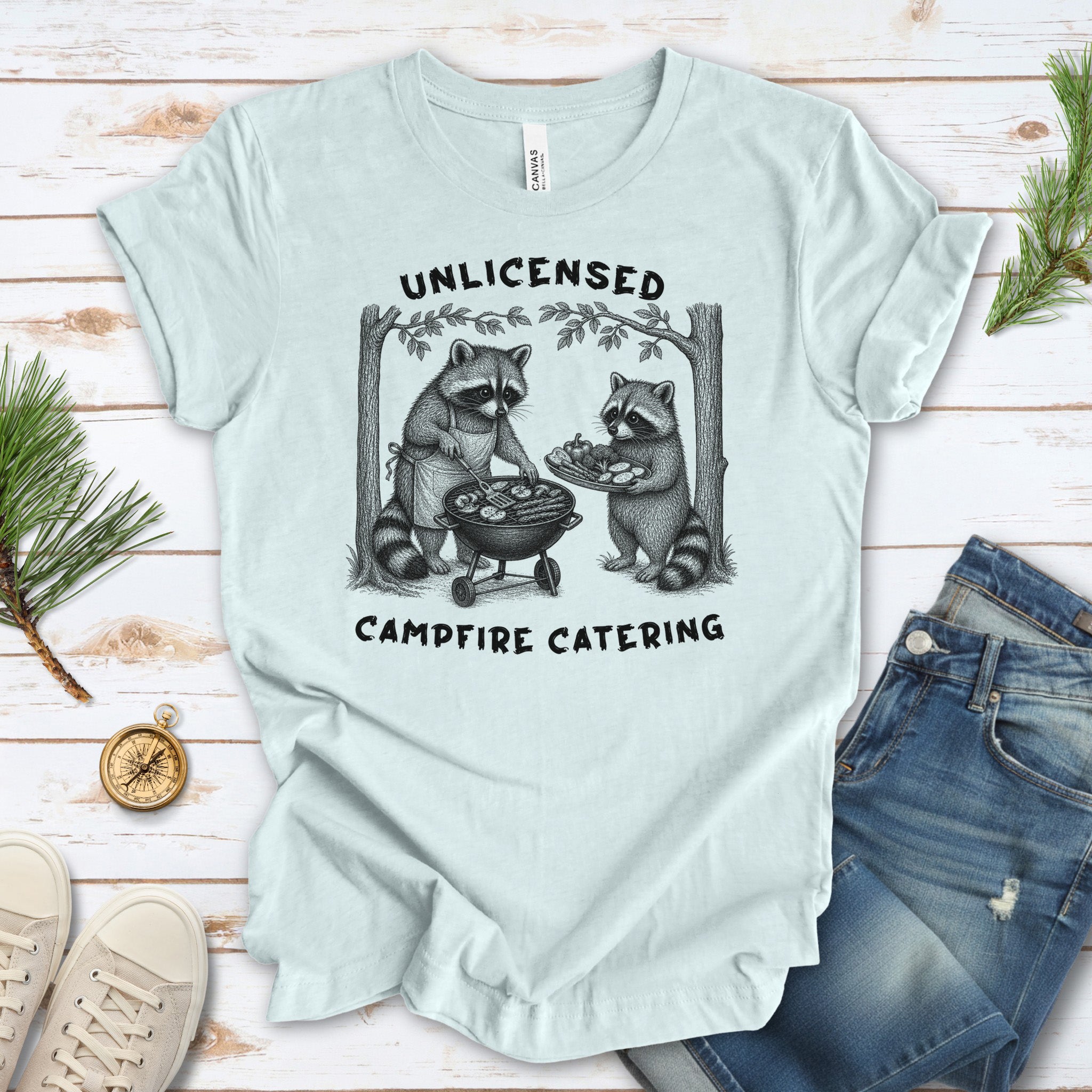 Unlicensed Campfire Catering Funny Raccoon BBQ Vegetarian Gift T-Shirt