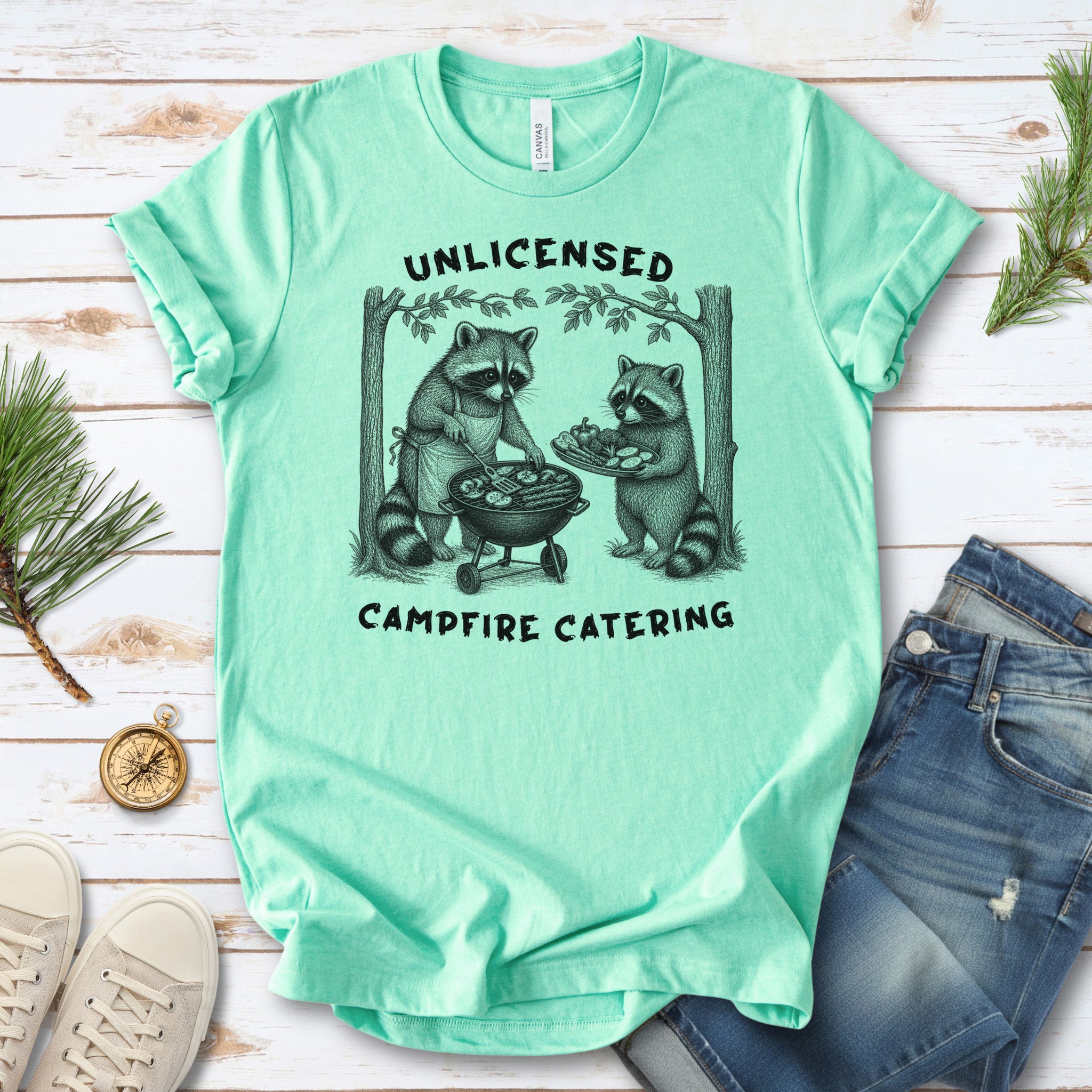 Unlicensed Campfire Catering Funny Raccoon BBQ Vegetarian Gift T-Shirt