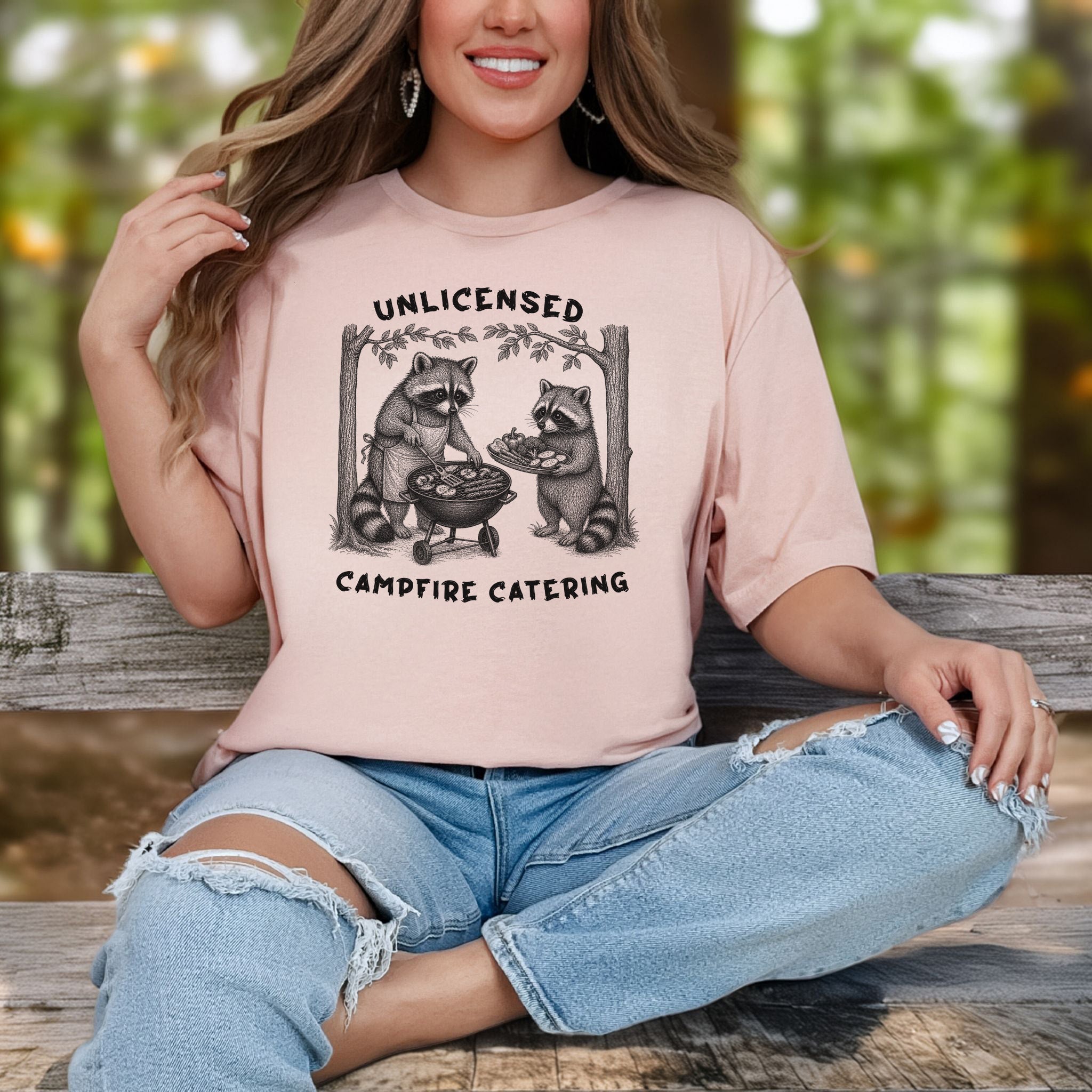 Unlicensed Campfire Catering Funny Raccoon BBQ Vegetarian Gift T-Shirt