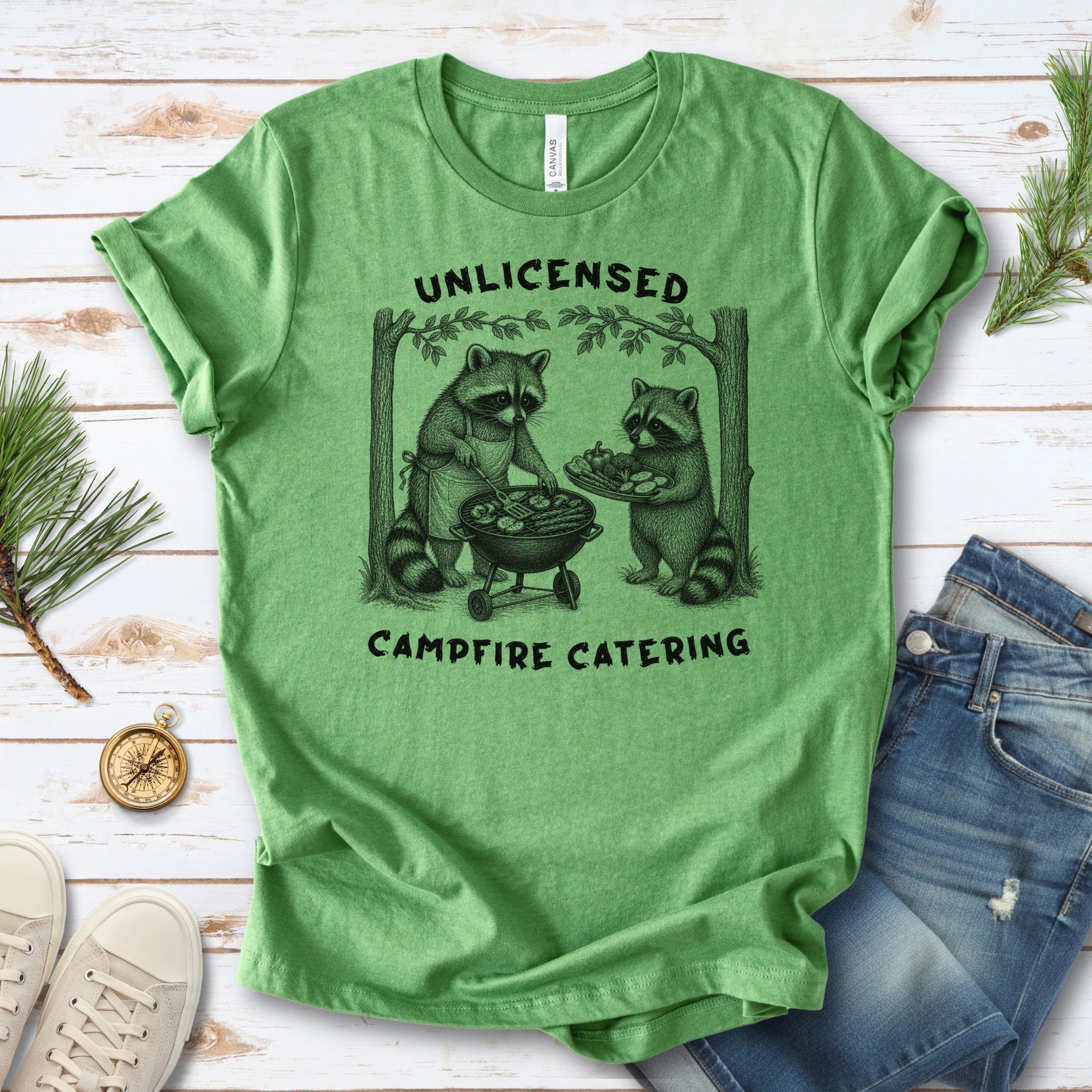 Unlicensed Campfire Catering Funny Raccoon BBQ Vegetarian Gift T-Shirt
