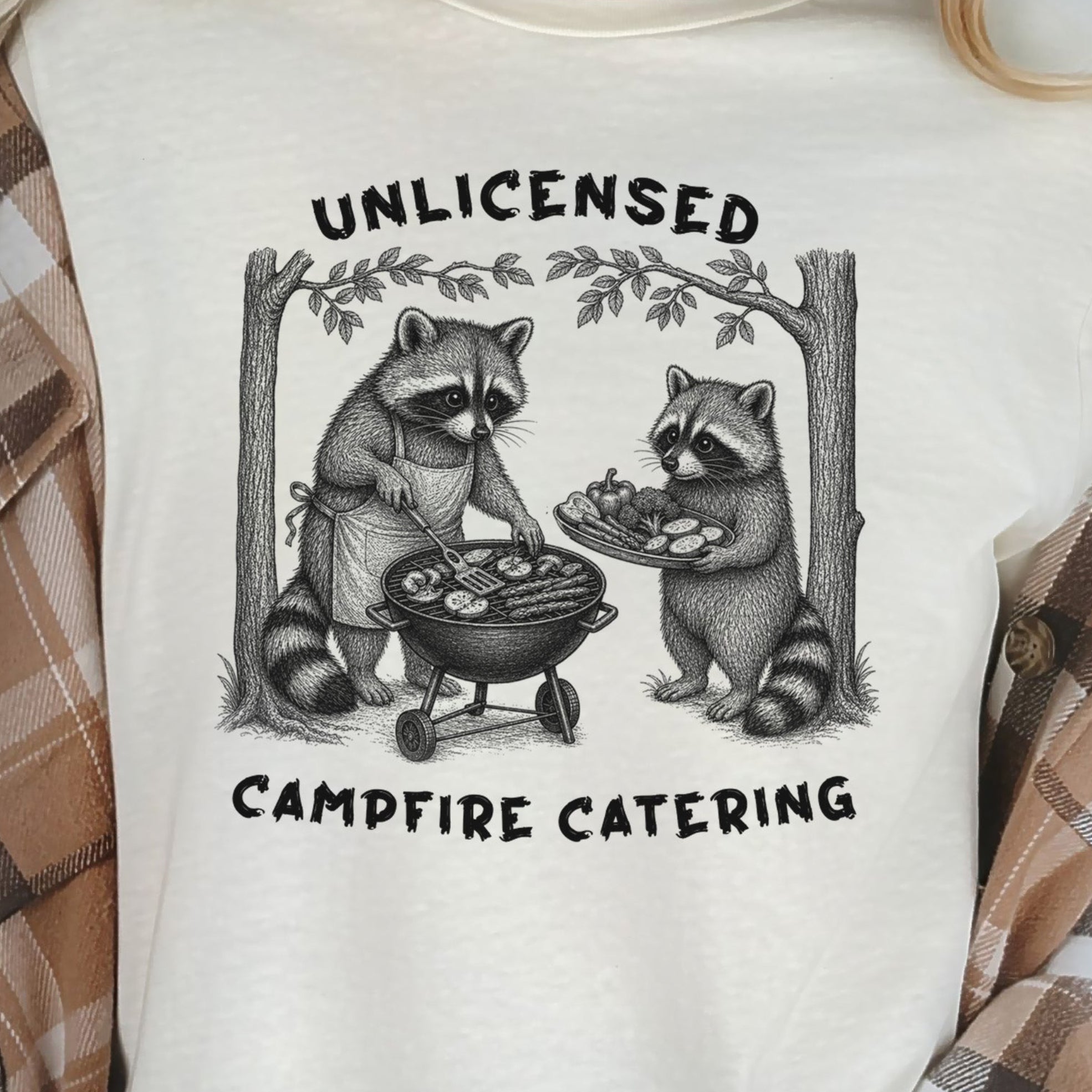 Unlicensed Campfire Catering Funny Raccoon BBQ Vegetarian Gift T-Shirt
