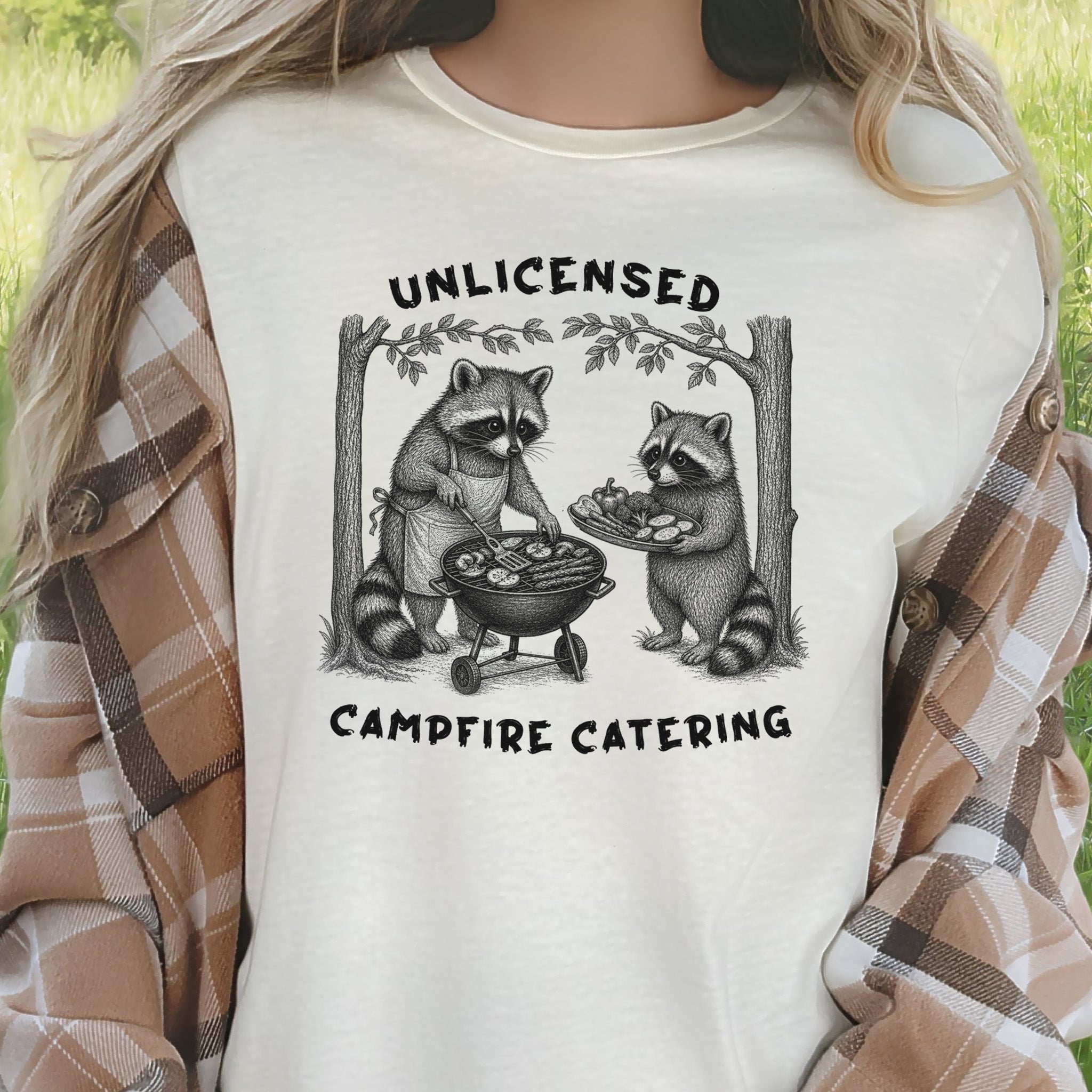 Unlicensed Campfire Catering Funny Raccoon BBQ Vegetarian Gift T-Shirt