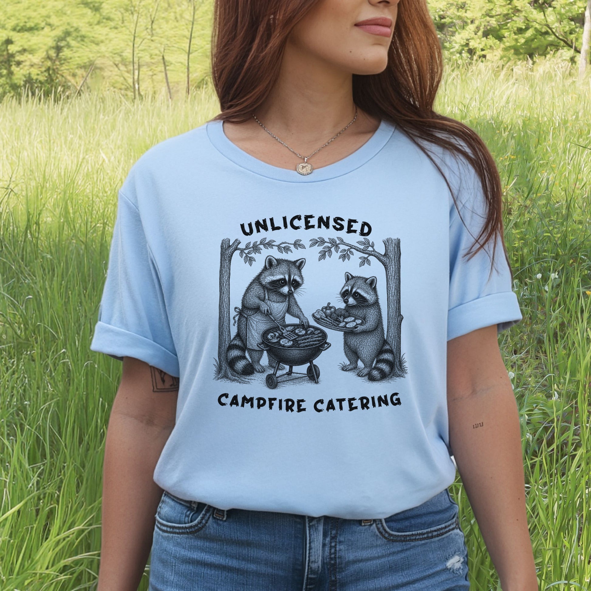 Unlicensed Campfire Catering Funny Raccoon BBQ Vegetarian Gift T-Shirt