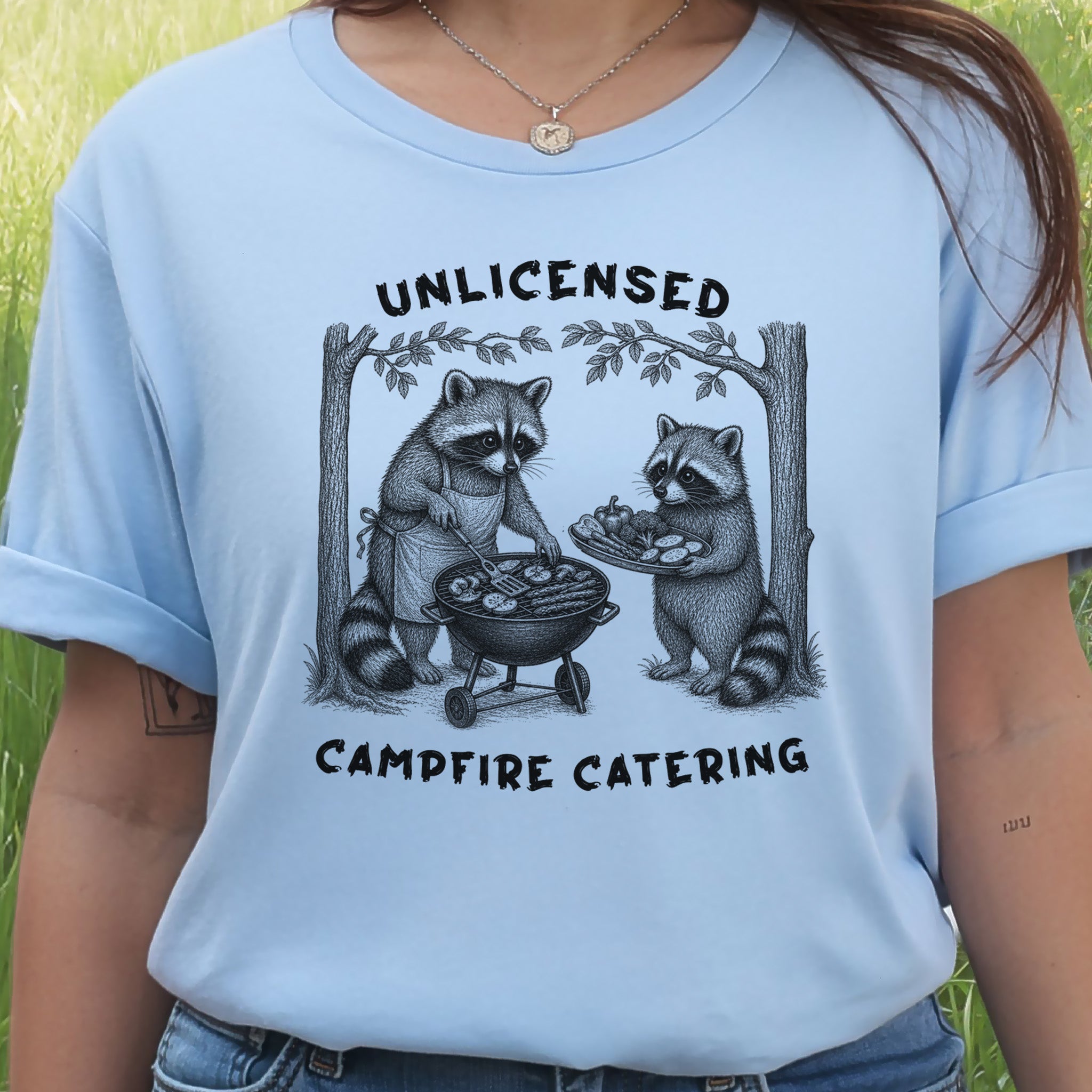 Unlicensed Campfire Catering Funny Raccoon BBQ Vegetarian Gift T-Shirt