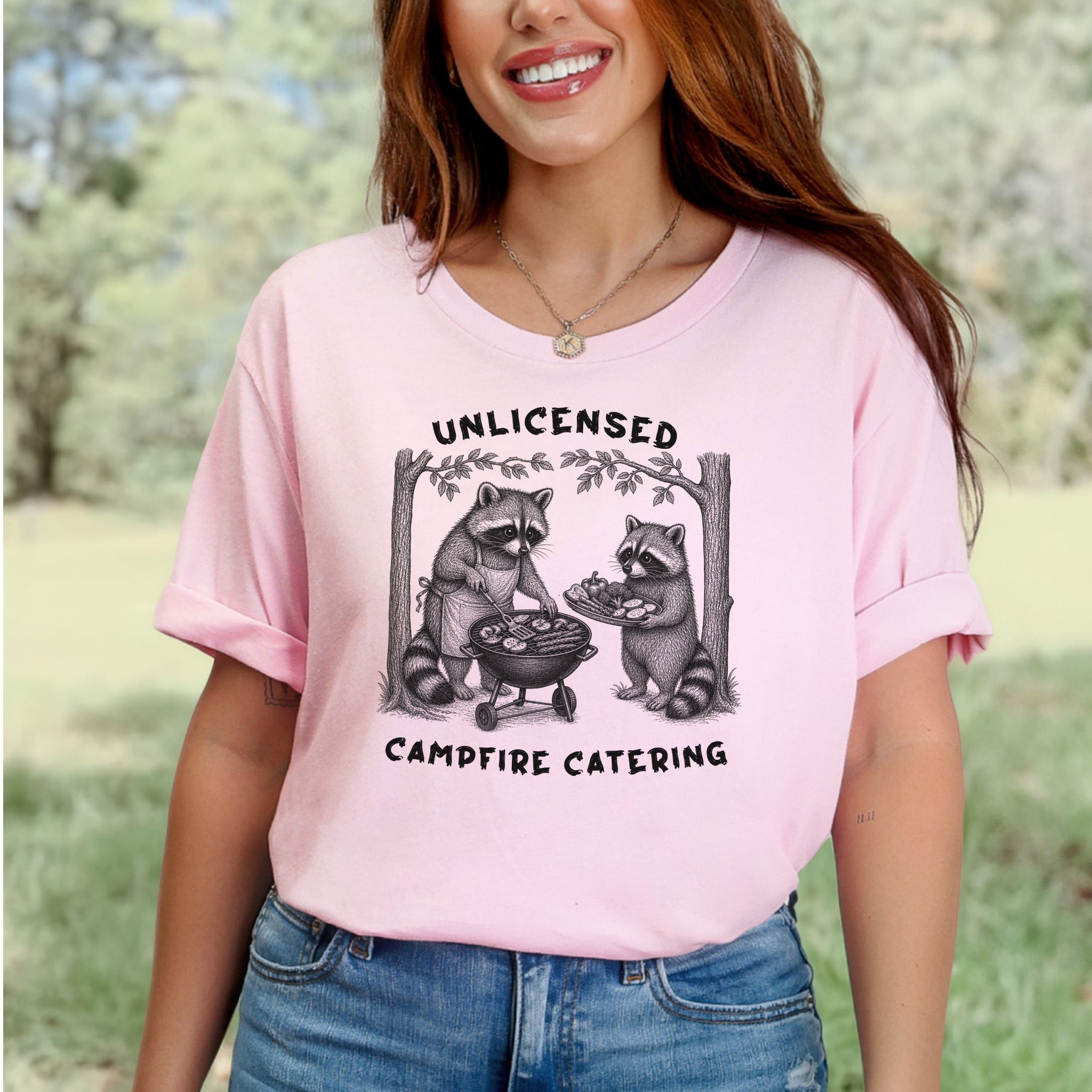 Unlicensed Campfire Catering Funny Raccoon BBQ Vegetarian Gift T-Shirt