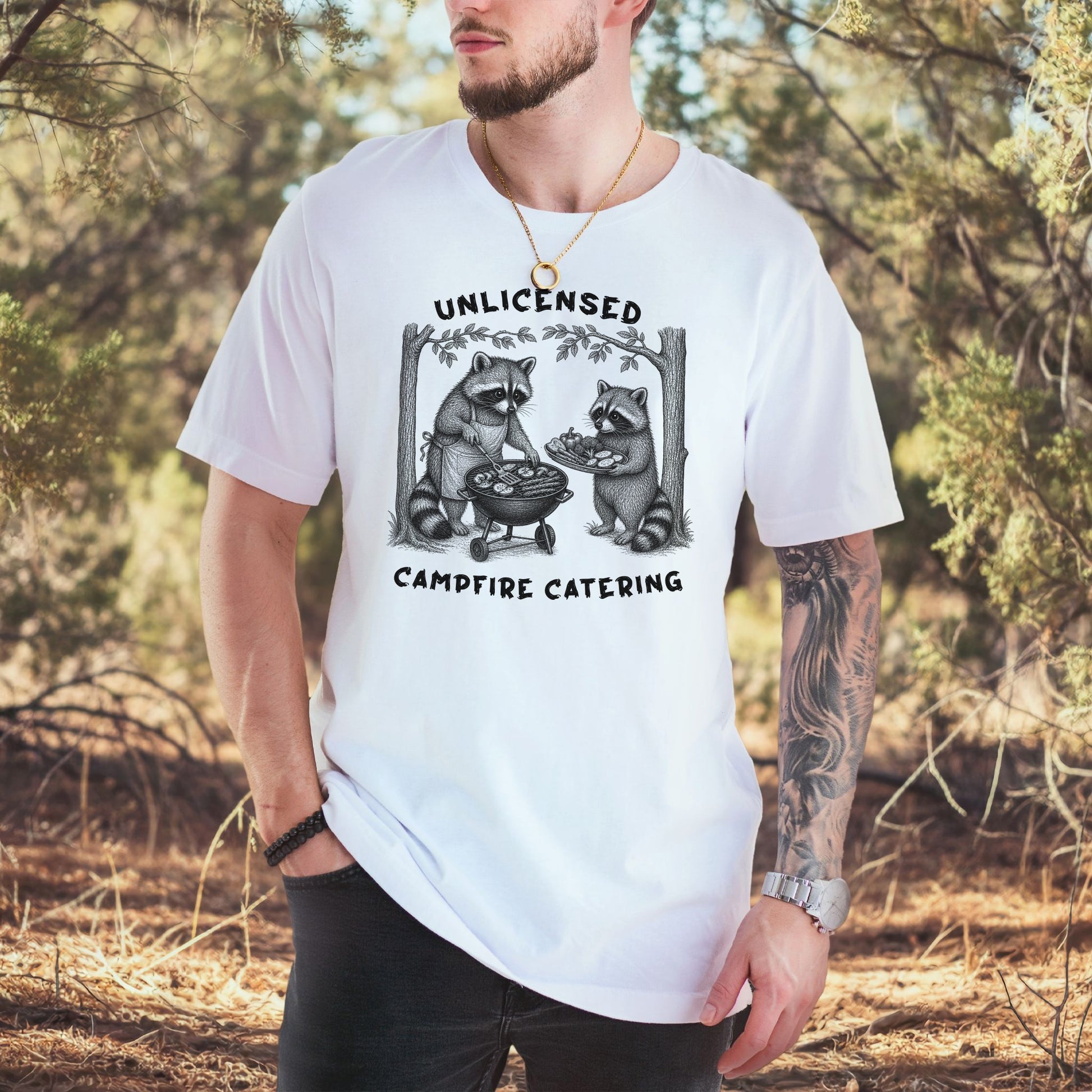 Unlicensed Campfire Catering Funny Raccoon BBQ Vegetarian Gift T-Shirt