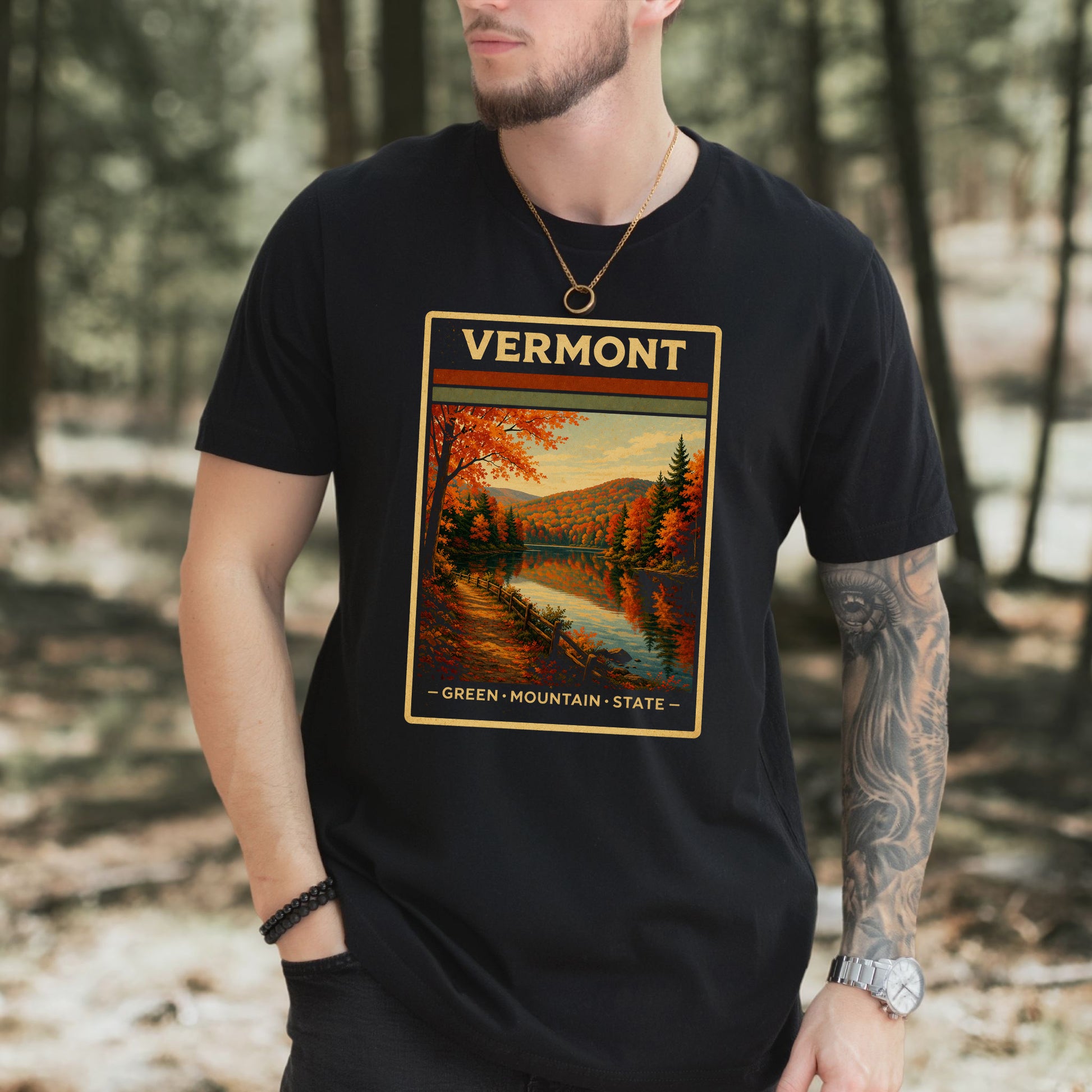 Vermont Green Mountain State Autumn Lake Vintage Nature T-Shirt
