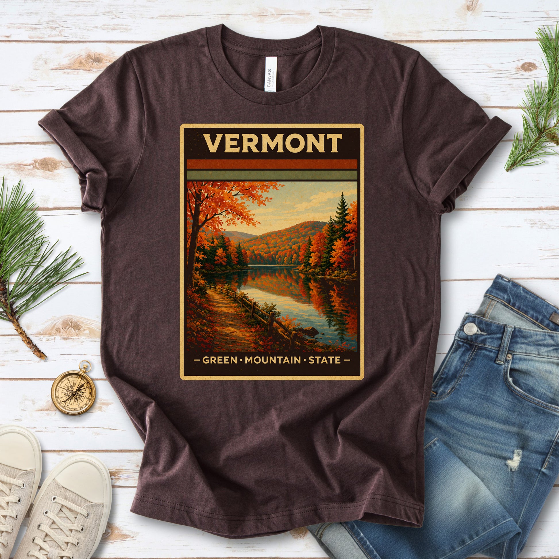 Vermont Green Mountain State Autumn Lake Vintage Nature T-Shirt