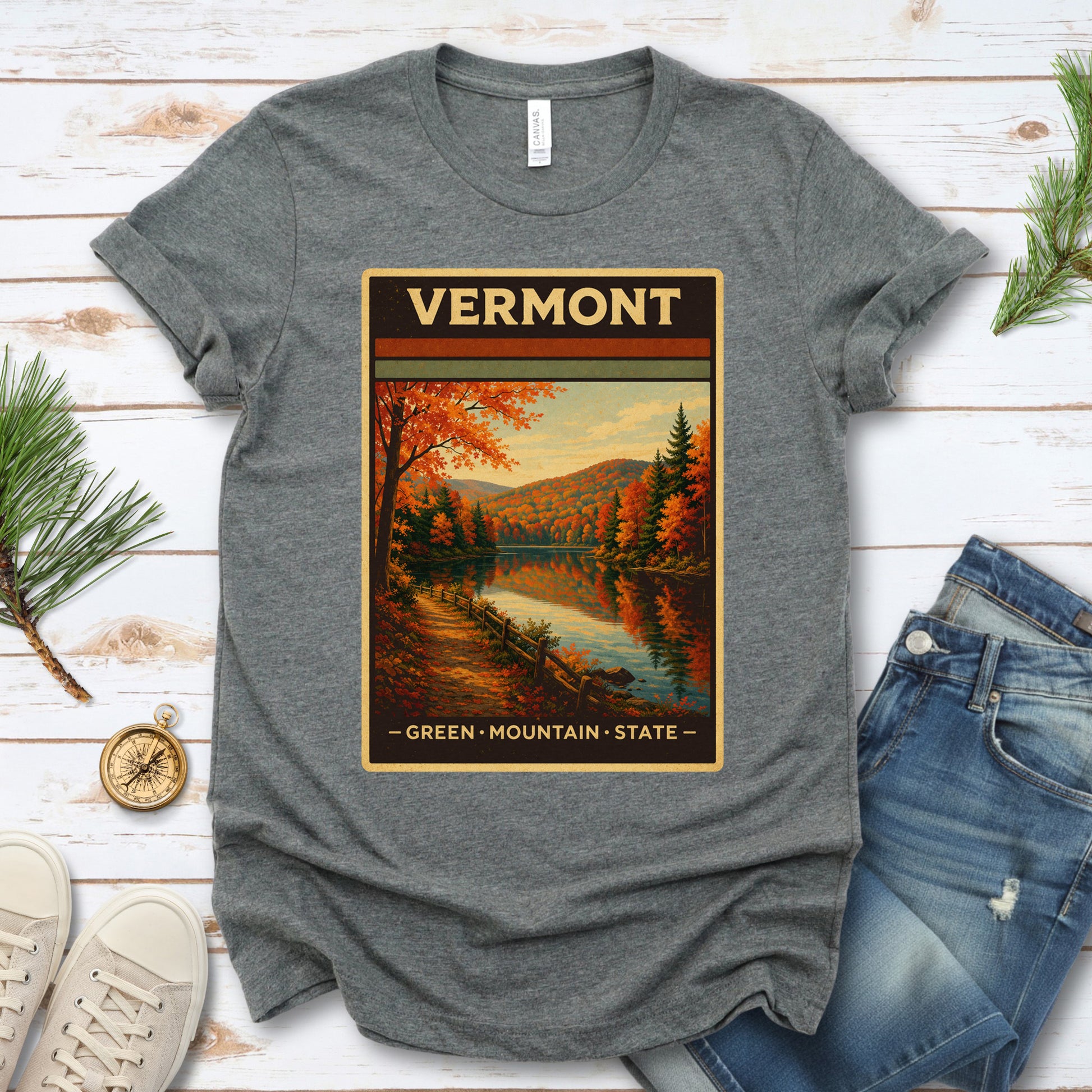 Vermont Green Mountain State Autumn Lake Vintage Nature T-Shirt
