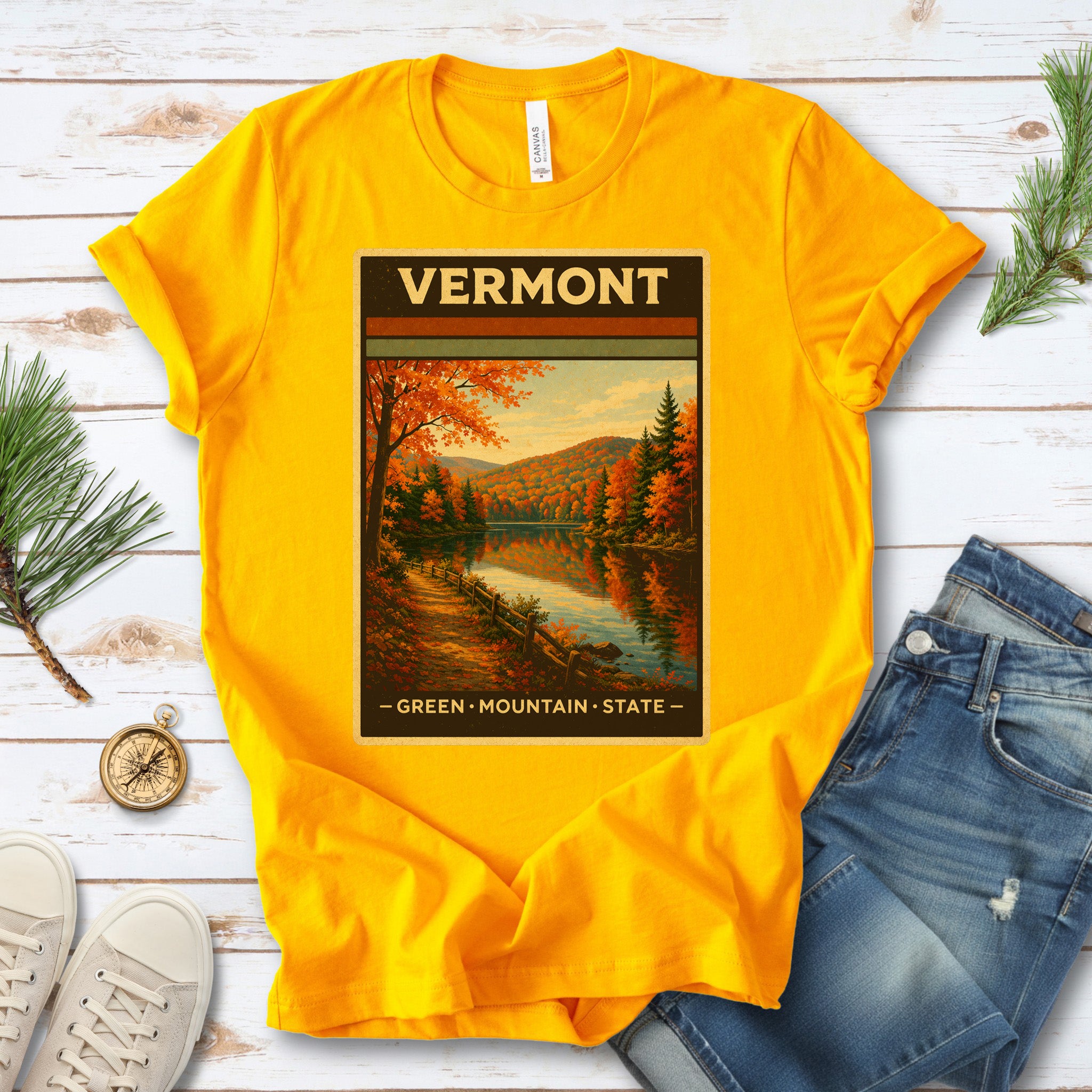 Vermont Green Mountain State Autumn Lake Vintage Nature T-Shirt