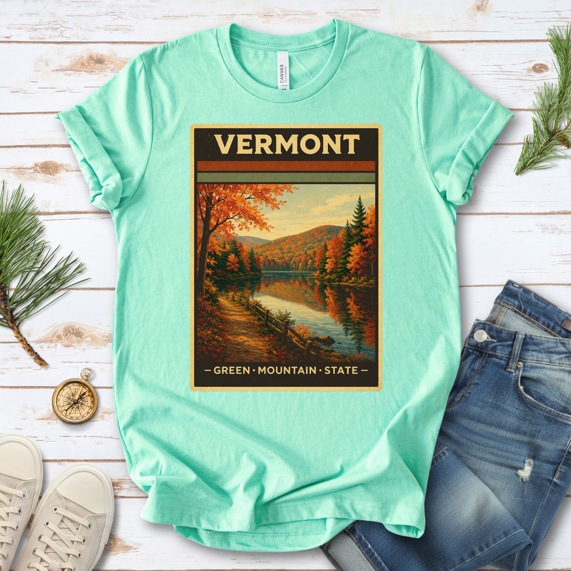 Vermont Green Mountain State Autumn Lake Vintage Nature T-Shirt