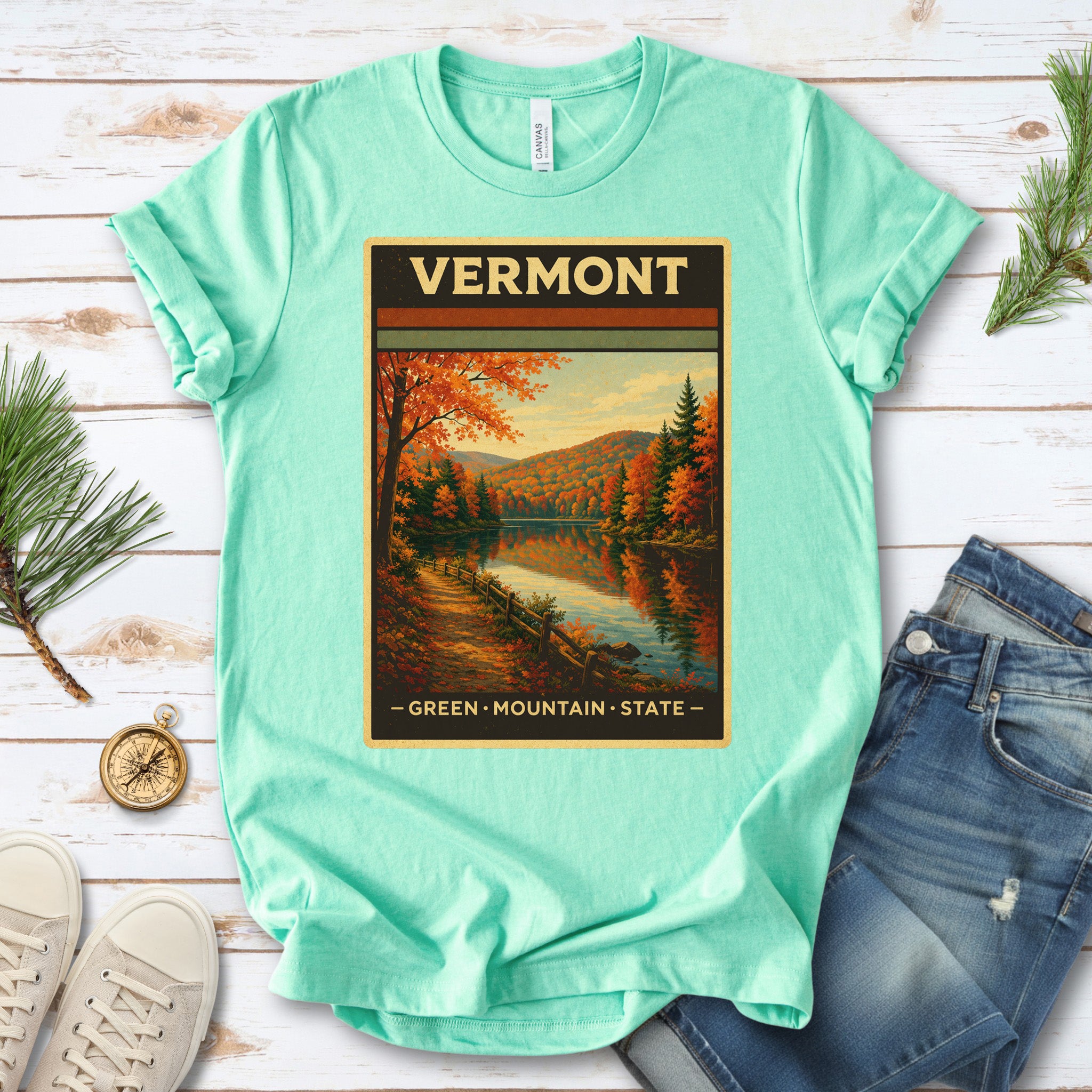 Vermont Green Mountain State Autumn Lake Vintage Nature T-Shirt