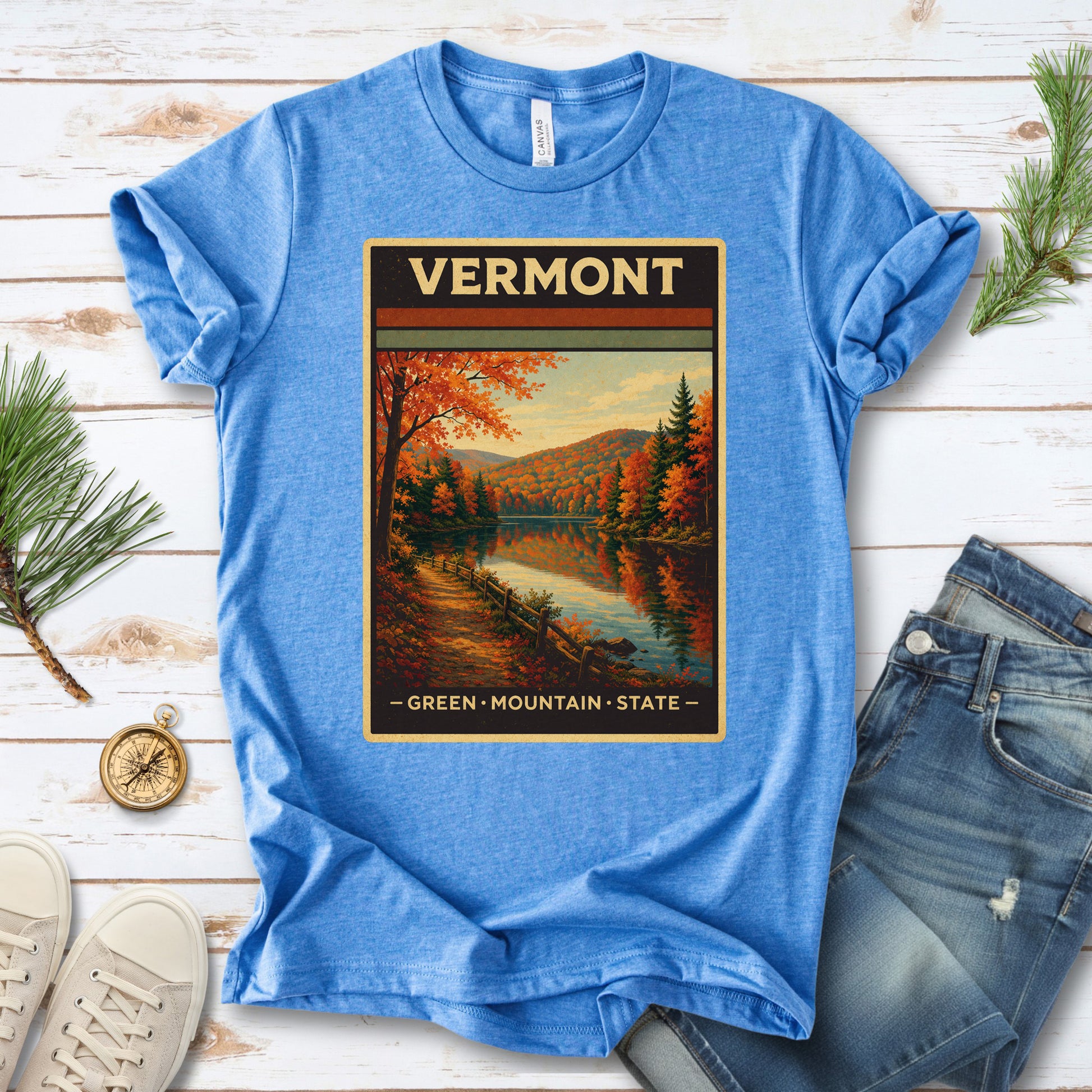Vermont Green Mountain State Autumn Lake Vintage Nature T-Shirt