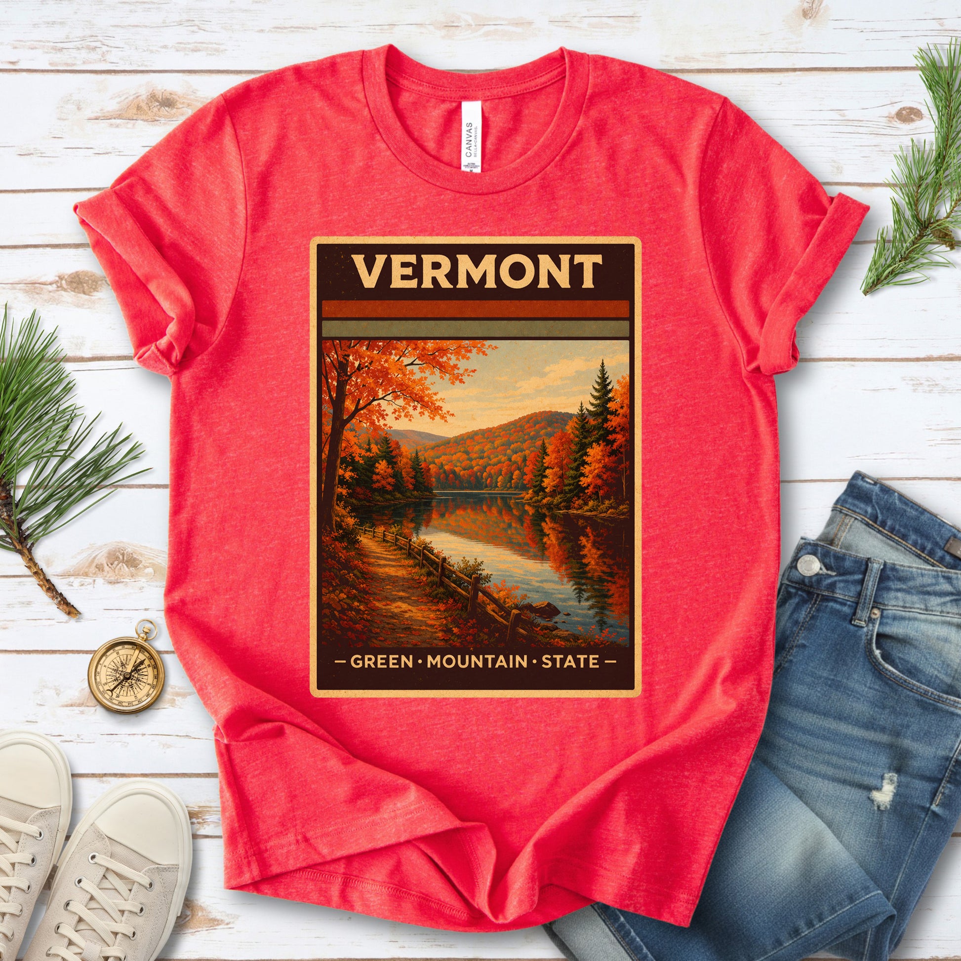 Vermont Green Mountain State Autumn Lake Vintage Nature T-Shirt