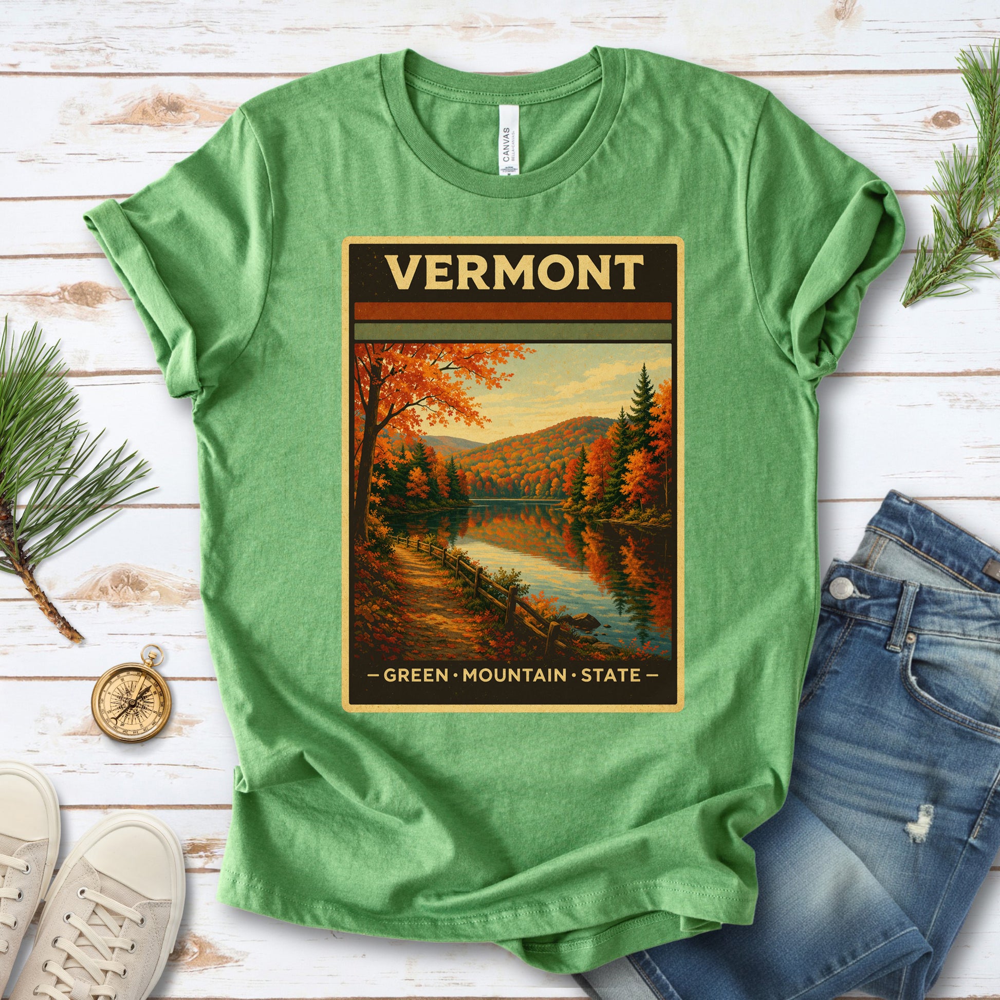 Vermont Green Mountain State Autumn Lake Vintage Nature T-Shirt