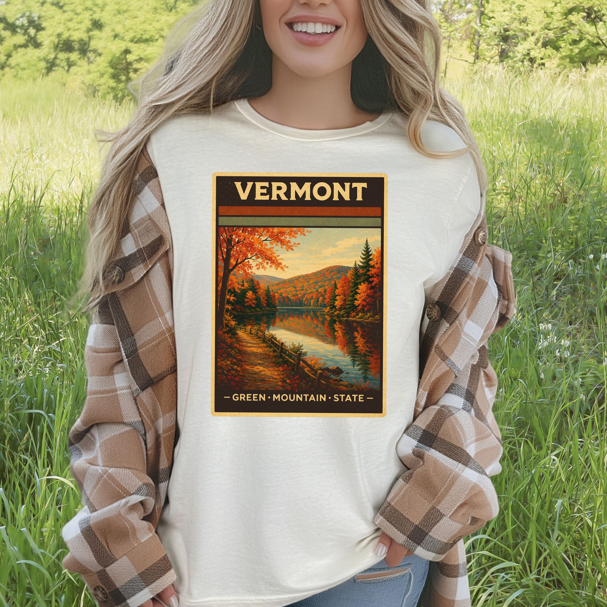 Vermont Green Mountain State Autumn Lake Vintage Nature T-Shirt