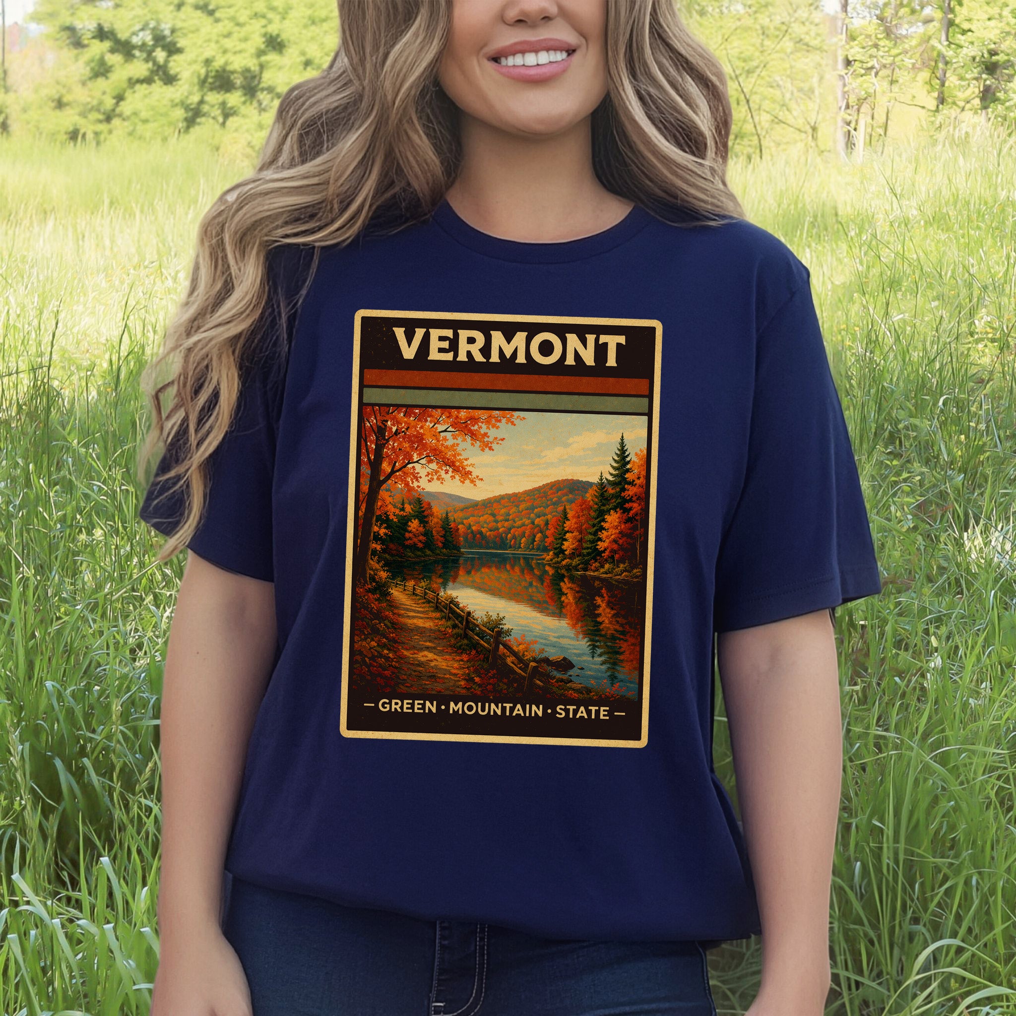 Vermont Green Mountain State Autumn Lake Vintage Nature T-Shirt